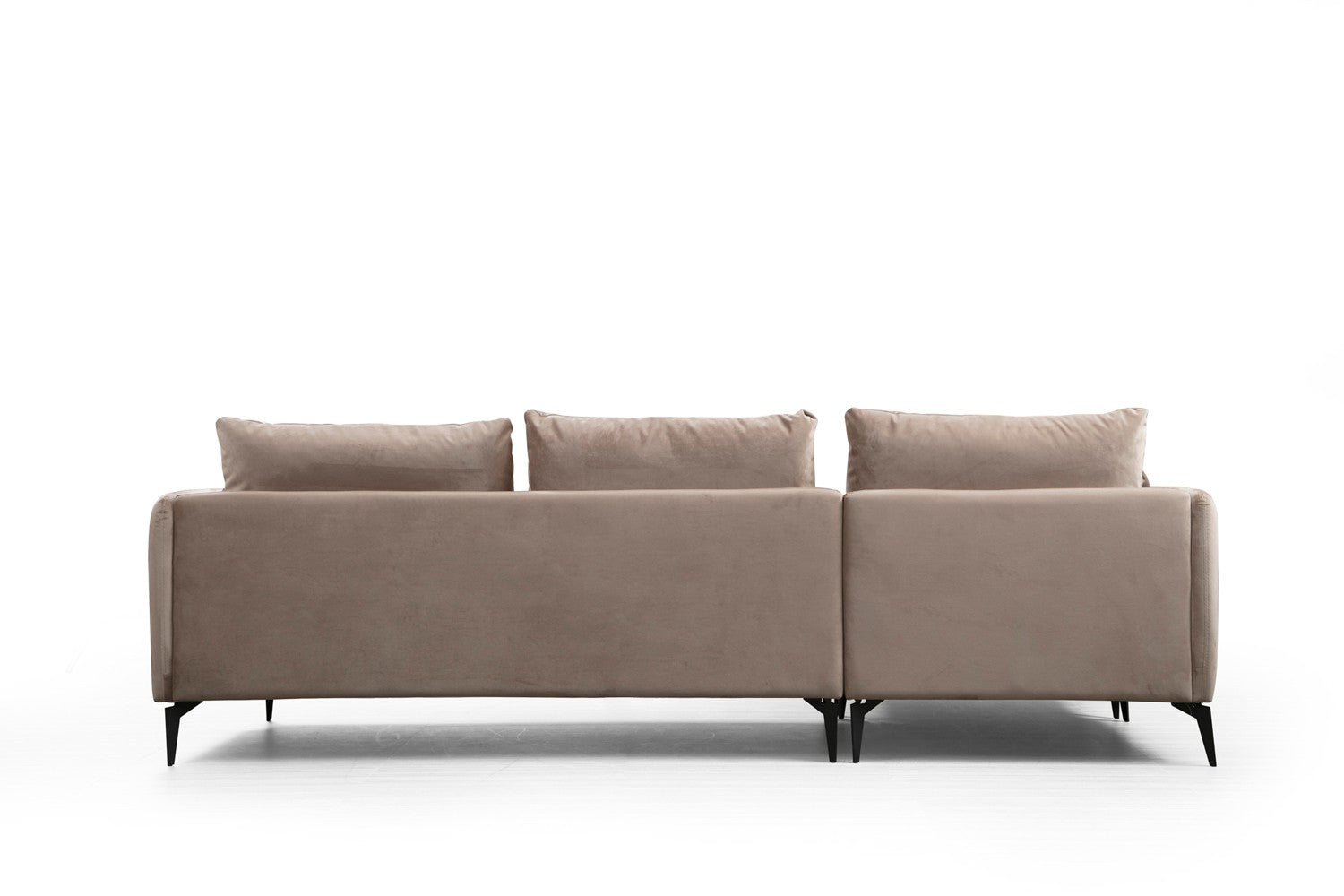 Sofá de canto bege com pufe, estrutura de madeira de faia e aglomerado, 289 x 186 cm | 100% poliéster, sistema de sofá-cama, design industrial moderno, pernas pretas foscas