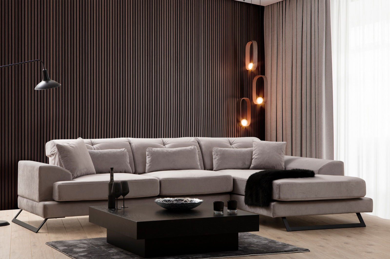 Sofá de canto elegante, cinza claro, 190 x 304 cm | Estrutura em madeira de faia e aglomerado, encosto ajustável, almofadas de espuma macia | Design moderno para sala de estar