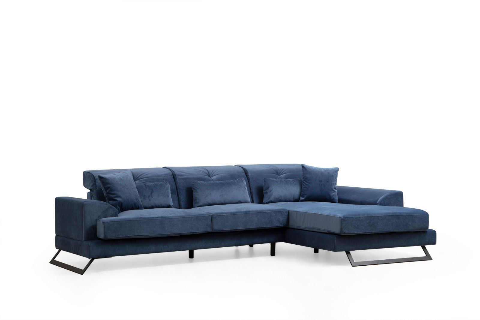 Sofá de canto elegante em azul-marinho, 304 x 190 cm | Estrutura em madeira de faia e aglomerado, encosto ajustável, 5 almofadas incluídas | Design industrial moderno, tecido lavável a seco