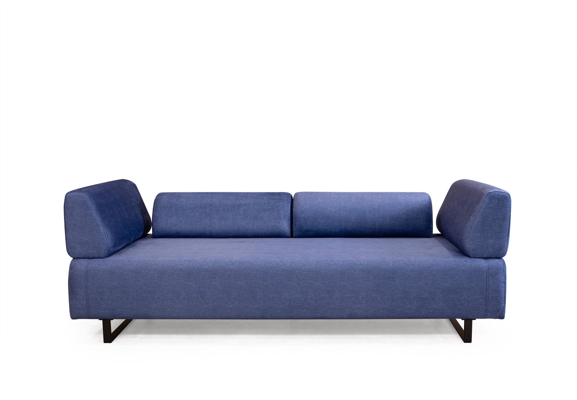 Sofá-cama elegante de 3 lugares, azul, 220 cm | Estrutura em madeira de faia e aglomerado, 100% poliéster | Almofadas portáteis, pernas de metal, perfeito para espaços modernos