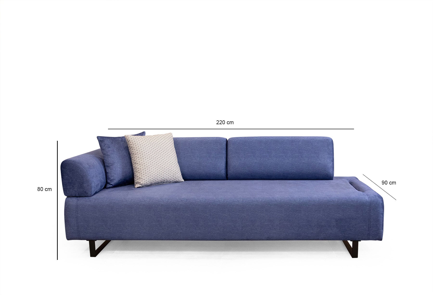 Sofá-cama elegante de 3 lugares, azul, 220 cm | Estrutura em madeira de faia e aglomerado, 100% poliéster | Almofadas portáteis, pernas de metal, perfeito para espaços modernos