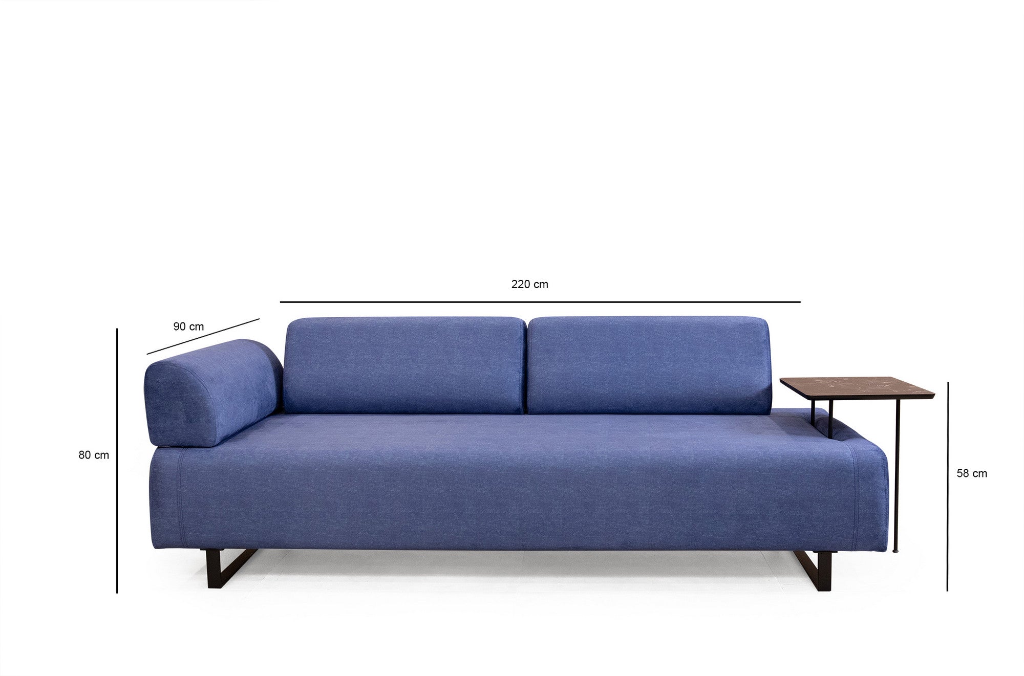 Sofá-cama elegante de 3 lugares, azul, 220 cm | Estrutura em madeira de faia e aglomerado, 100% poliéster | Almofadas portáteis, pernas de metal, perfeito para espaços modernos