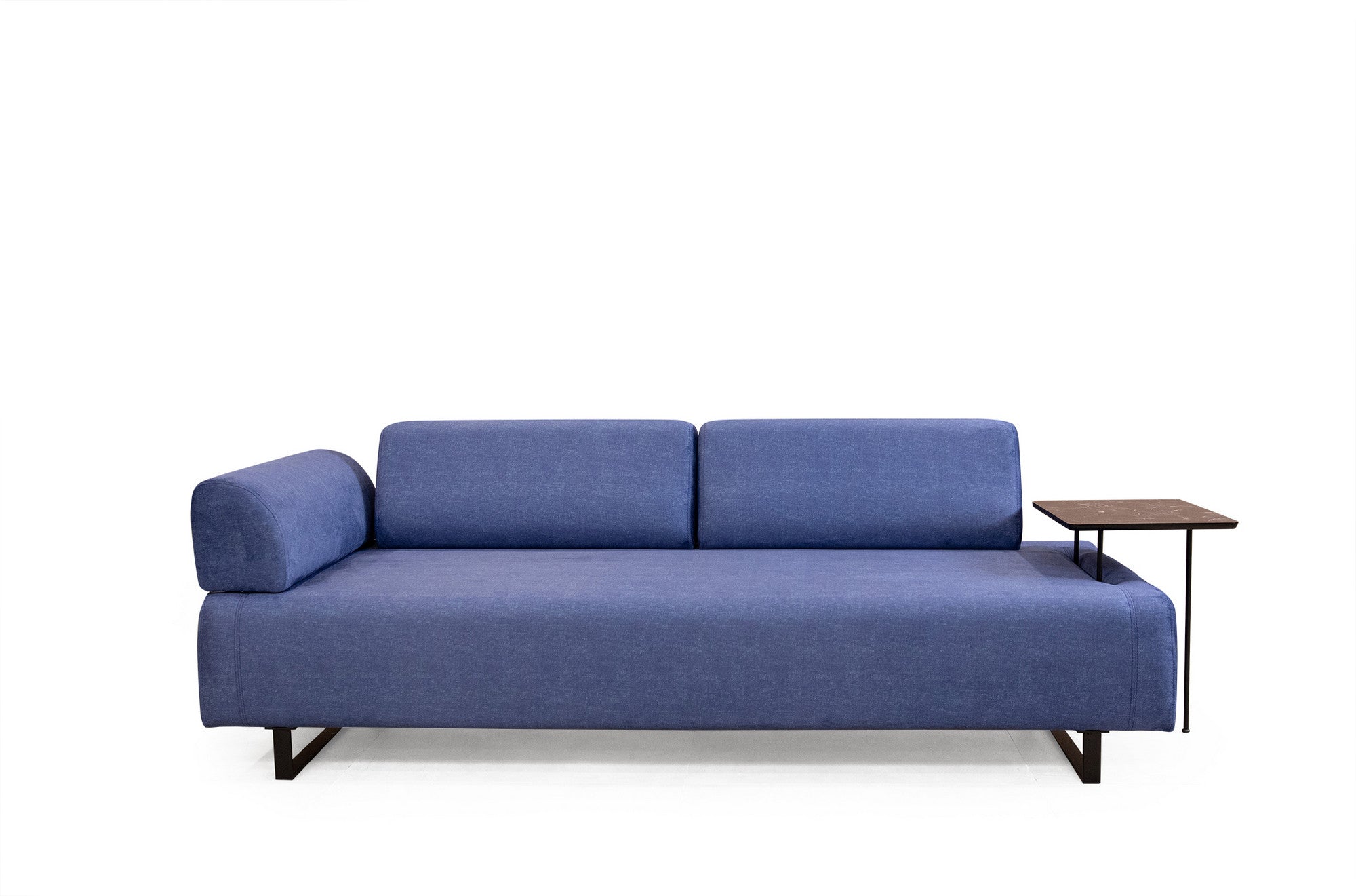 Sofá-cama elegante de 3 lugares, azul, 220 cm | Estrutura em madeira de faia e aglomerado, 100% poliéster | Almofadas portáteis, pernas de metal, perfeito para espaços modernos