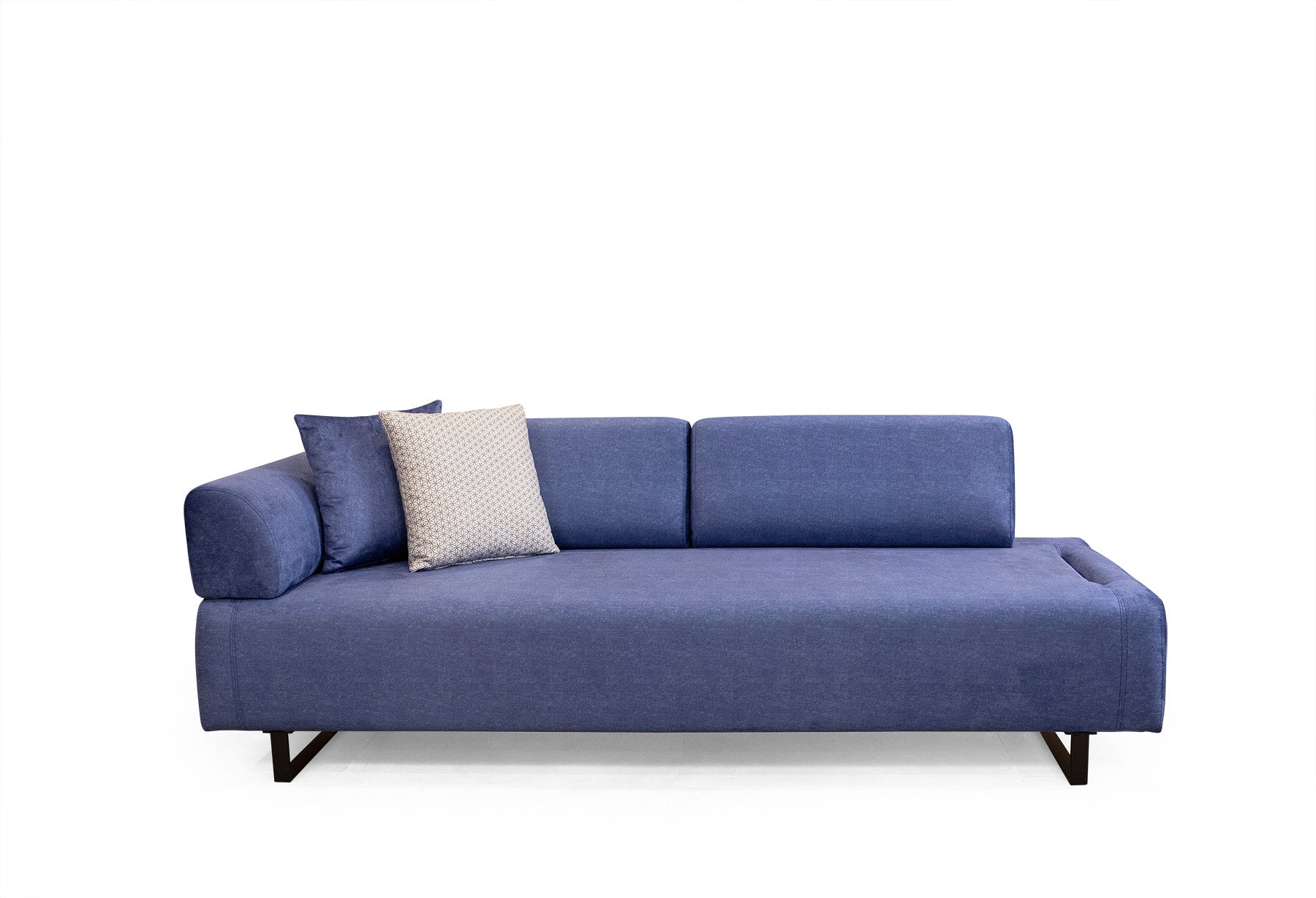 Sofá-cama elegante de 3 lugares, azul, 220 cm | Estrutura em madeira de faia e aglomerado, 100% poliéster | Almofadas portáteis, pernas de metal, perfeito para espaços modernos
