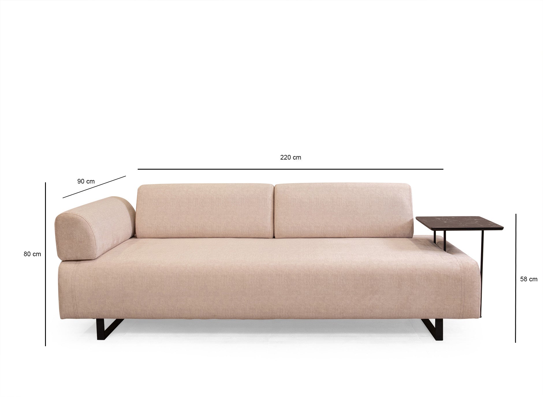 Sofá-cama bege de 3 lugares com estrutura de madeira de faia, almofadas portáteis e pernas de metal preto | 220x90x80 cm | Elegante e funcional para espaços de convivência modernos