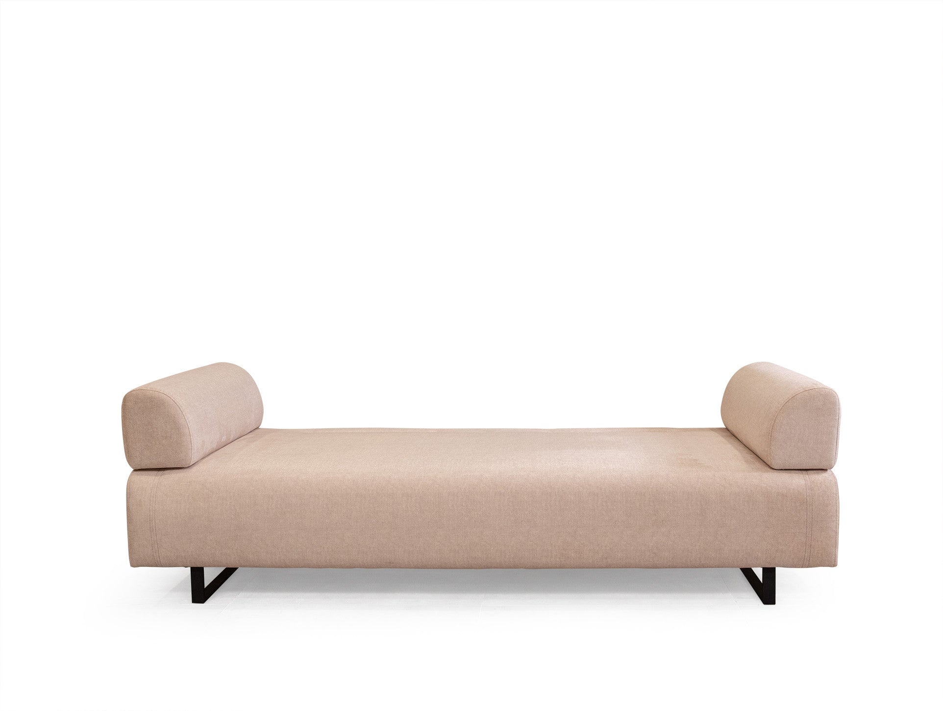 Sofá-cama bege de 3 lugares com estrutura de madeira de faia, almofadas portáteis e pernas de metal preto | 220x90x80 cm | Elegante e funcional para espaços de convivência modernos