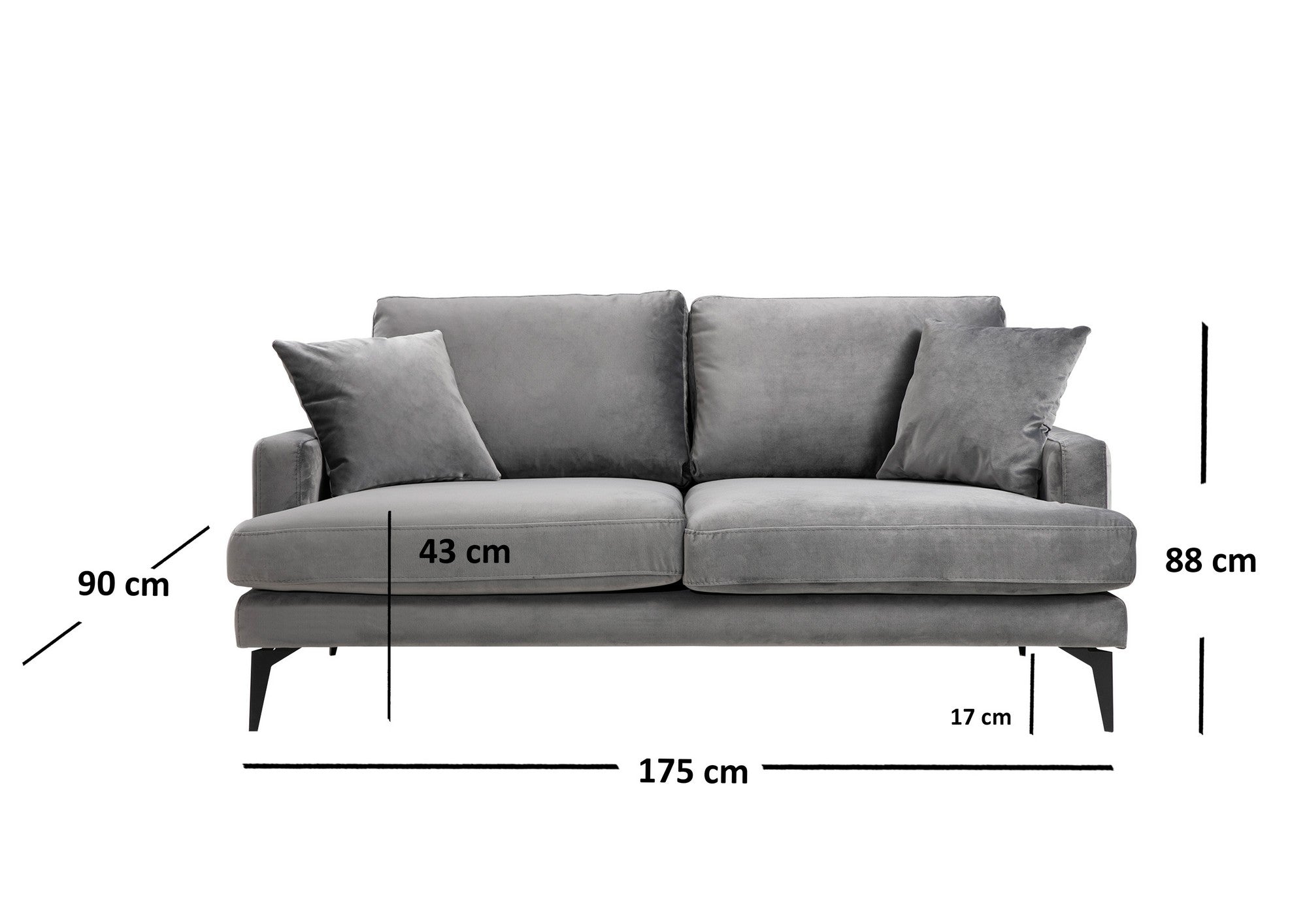 Sofá elegante de 2 lugares, cinza, 175 x 90 x 88 cm | Estrutura em madeira de faia e aglomerado, tecido de poliéster macio, pernas de metal preto fosco | Perfeito para espaços modernos