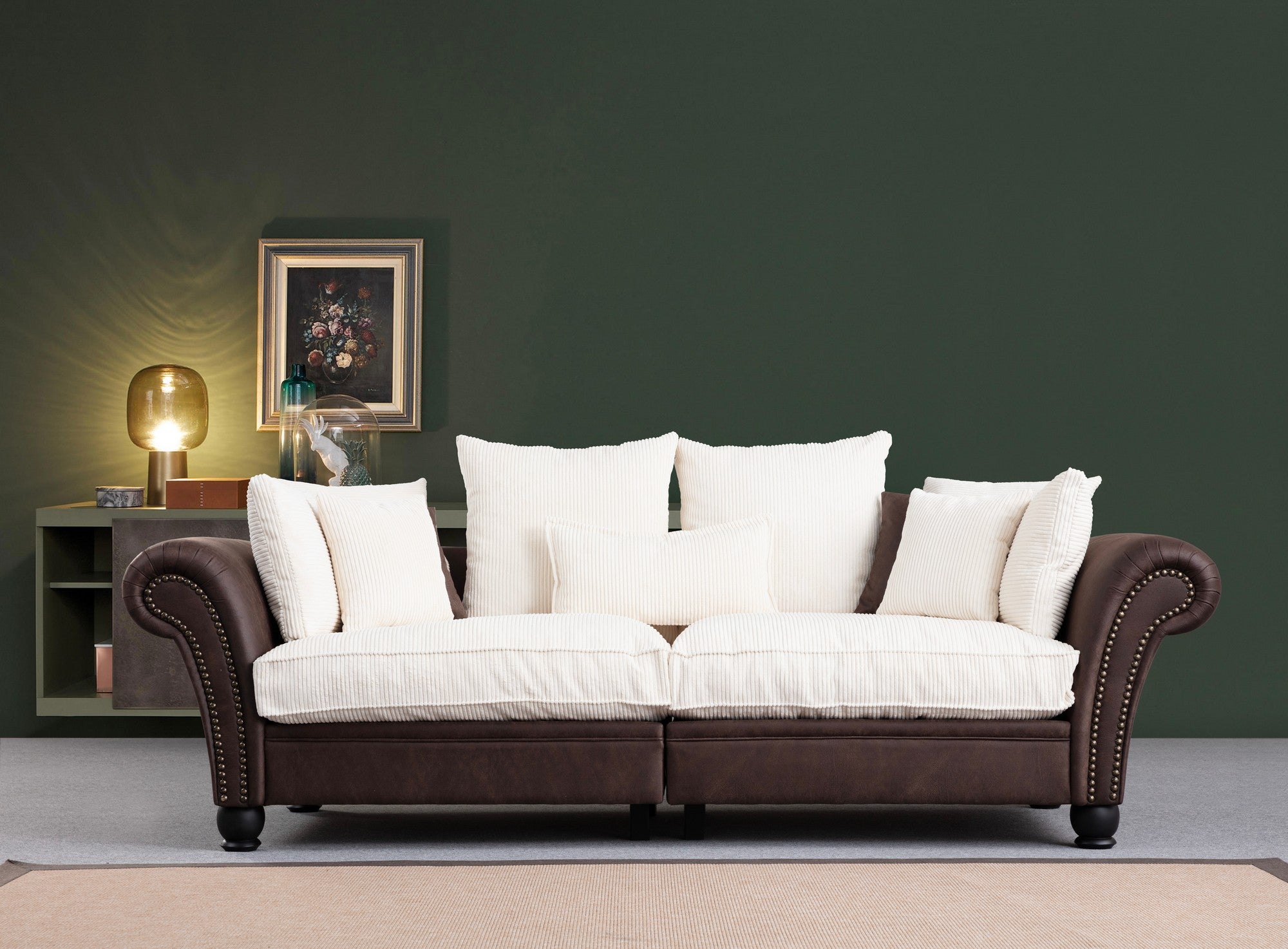 Sofá de 3 lugares – 275 cm – castanho e branco – madeira de faia e poliéster
