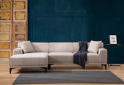 Sofá de canto elegante, branco, 145 x 250 x 86 cm | Estrutura em madeira de faia e aglomerado, 100% poliéster, inclui 2 almofadas | Design escandinavo moderno