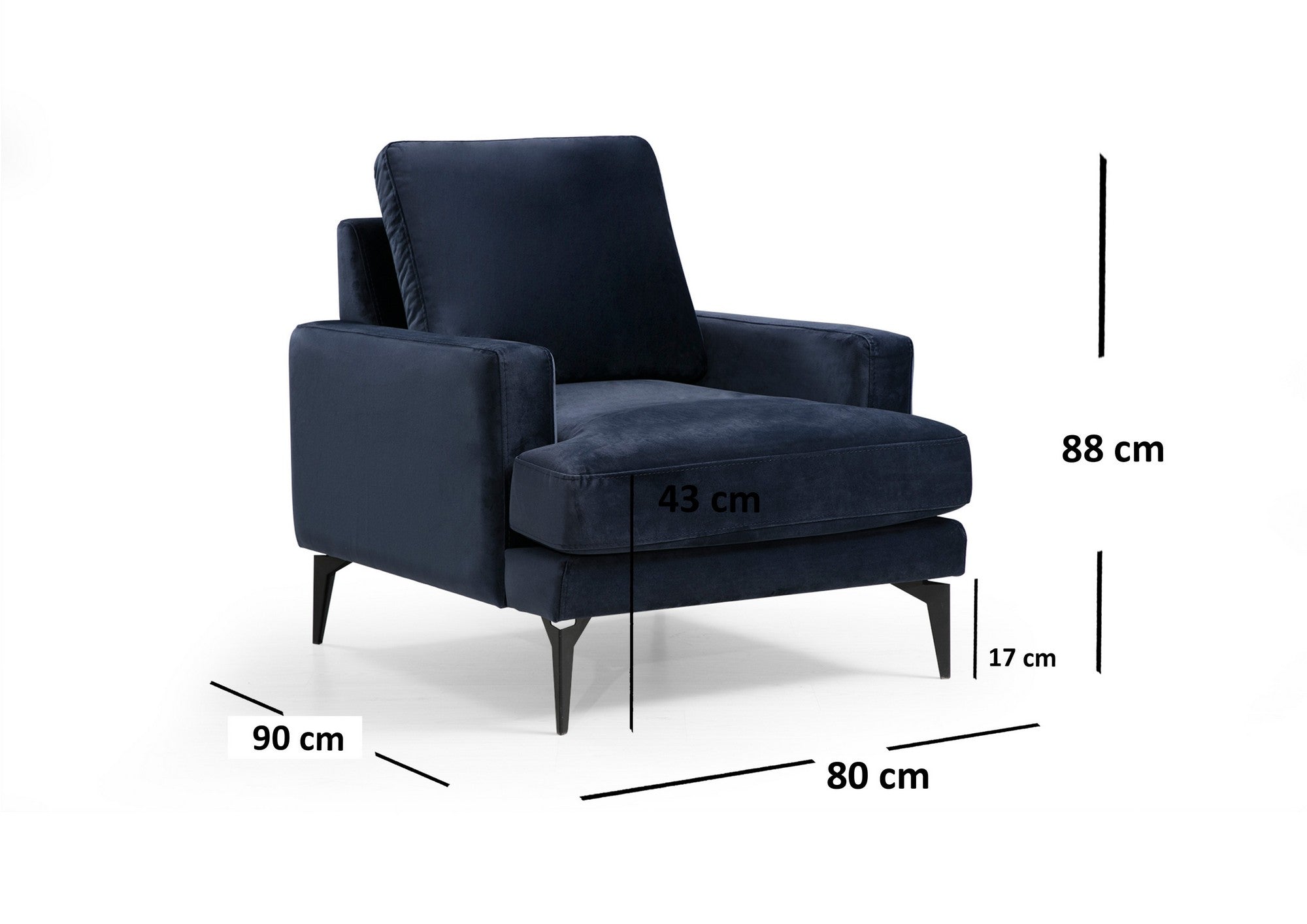 Poltrona Elegante, Azul Marinho, 80 x 90 x 88 cm | Estrutura em Madeira de Faia e Aglomerado, 100% Poliéster, Almofadas de Espuma Macia | Design Industrial Moderno com Pernas em Preto Fosco