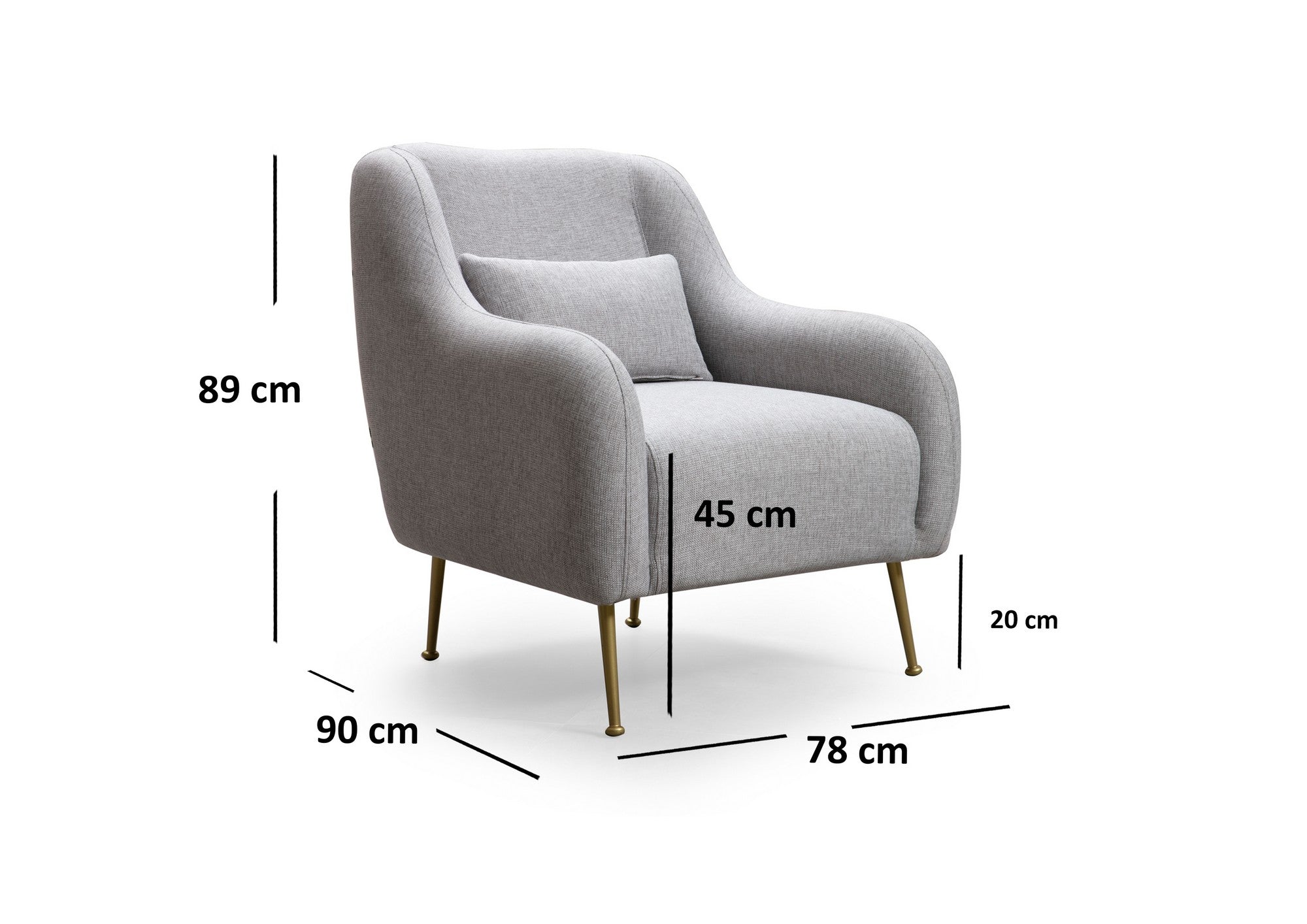 Poltrona de orelhas elegante, tecido cinza, estrutura de madeira de faia e aglomerado | 78x90x89 cm | Almofadas macias de espuma e penas | Pernas elegantes de metal amarelo fosco | Perfeita para decoração glamorosa e escandinava
