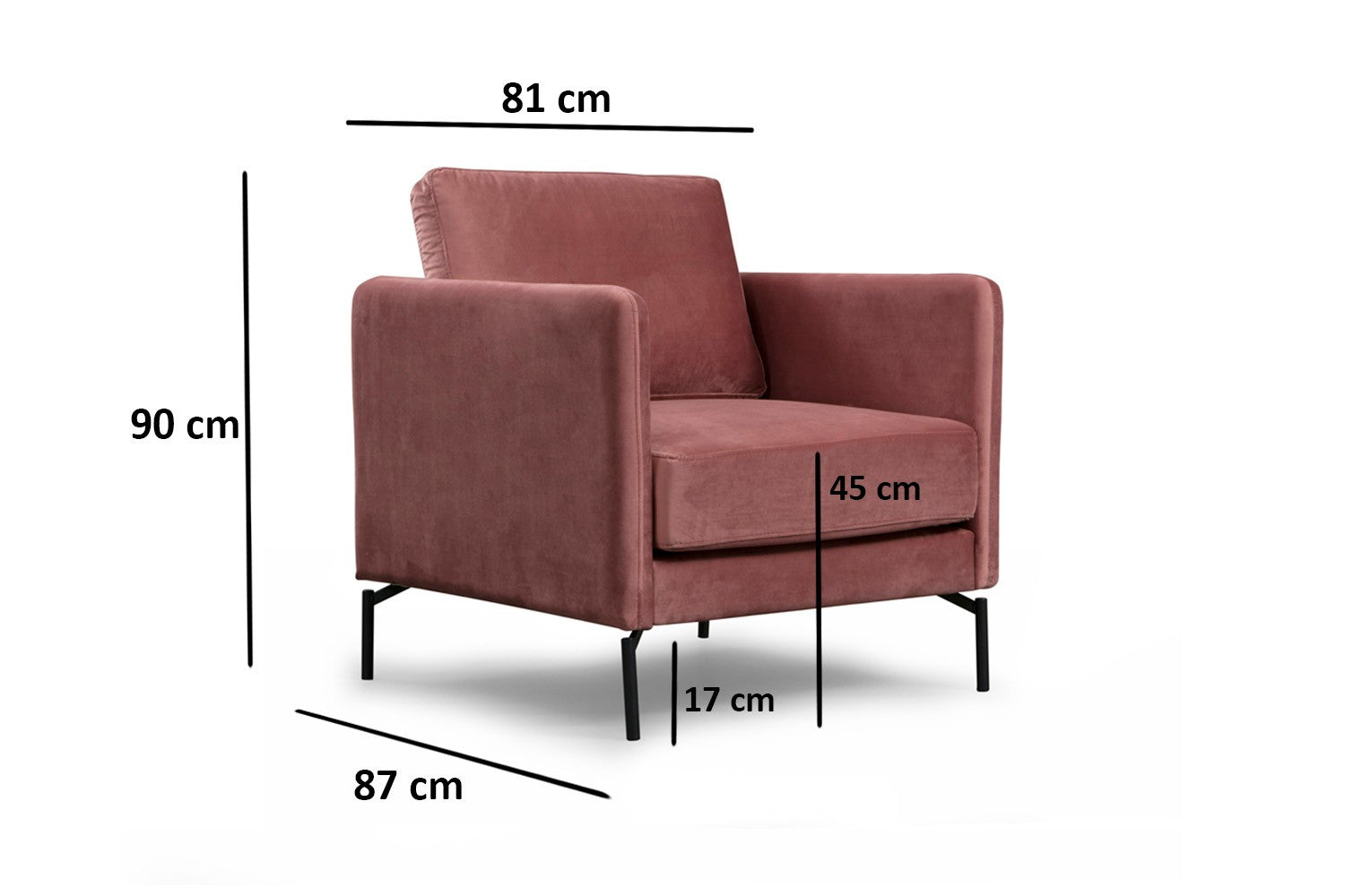 Poltrona Elegante Rosa, Estrutura em Madeira de Faia e Aglomerado, 81x87x90 cm | Tecido 100% Poliéster Macio, Pernas em Metal Preto Fosco | Perfeita para Decoração Industrial e Hoteleira Moderna