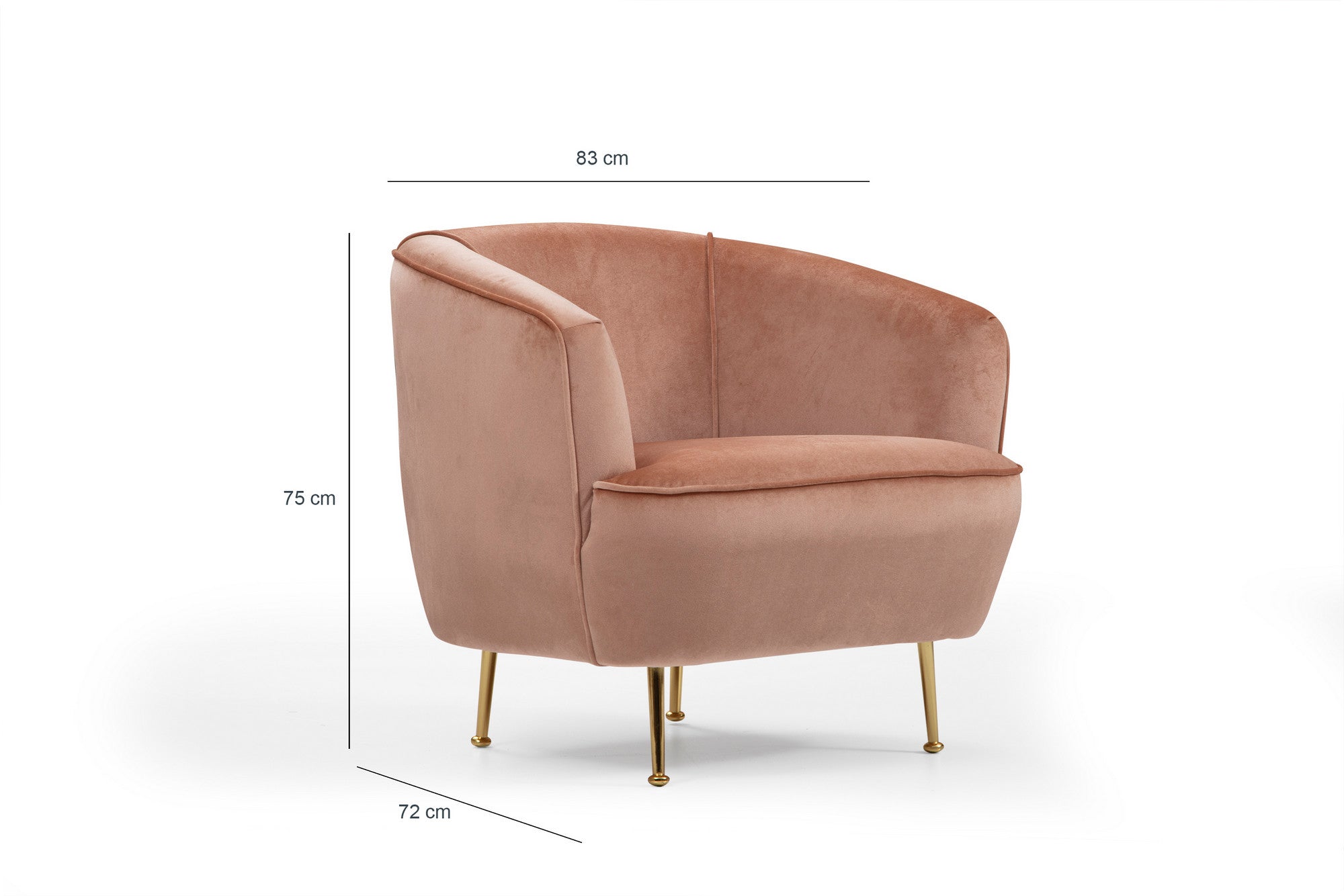 Poltrona Elegante Rosa, Estrutura em Madeira de Faia e Aglomerado, 83x72x75 cm | 100% Poliéster, Tecido Lavável a Seco, Pernas de Metal Pintadas de Dourado | Estilo Glamour e Hoteleiro