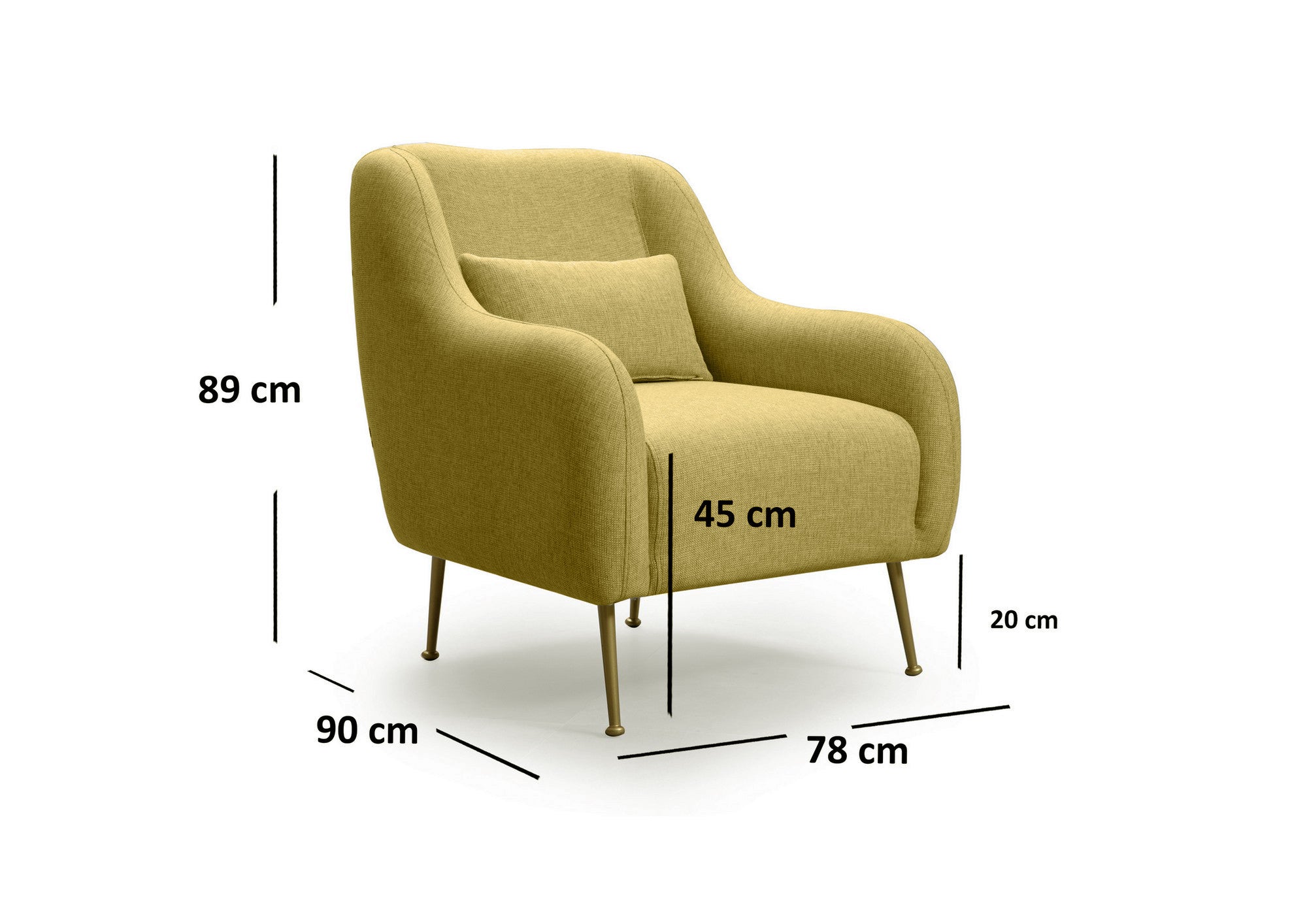 Poltrona Elegante, Amarela, Estrutura em Madeira de Faia e Aglomerado, 78x90x89 cm | 100% Poliéster, Espuma Macia e Almofadas de Penas | Design Escandinavo Moderno