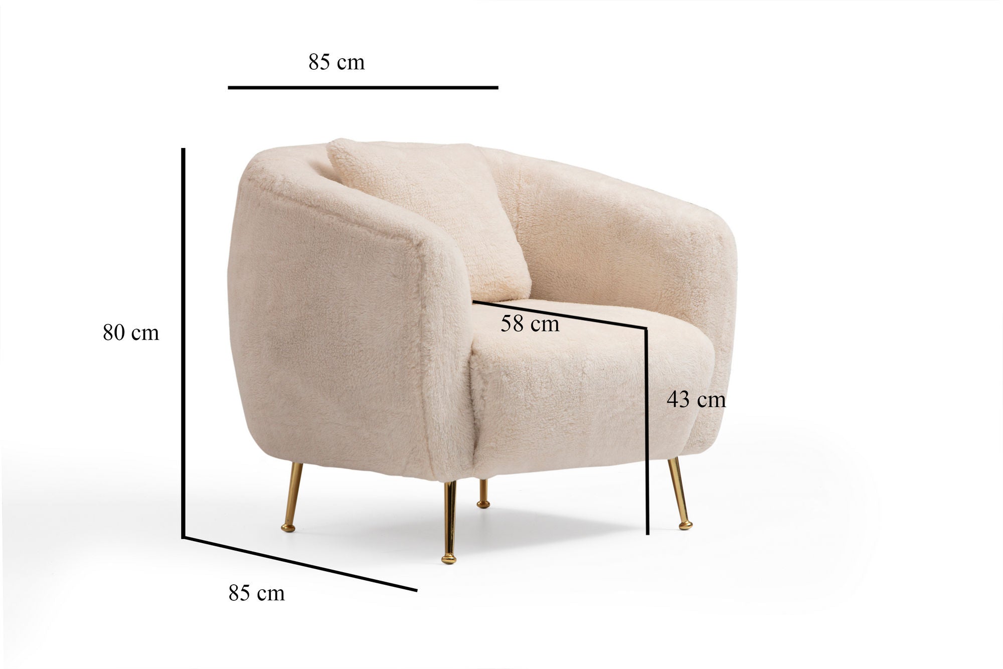Poltrona Elegante, Bege, 85 x 85 x 80 cm | Estrutura em madeira de faia e aglomerado, 100% poliéster, pernas em metal dourado | Almofadas macias de espuma e penas, perfeitas para decoração glamorosa e escandinava