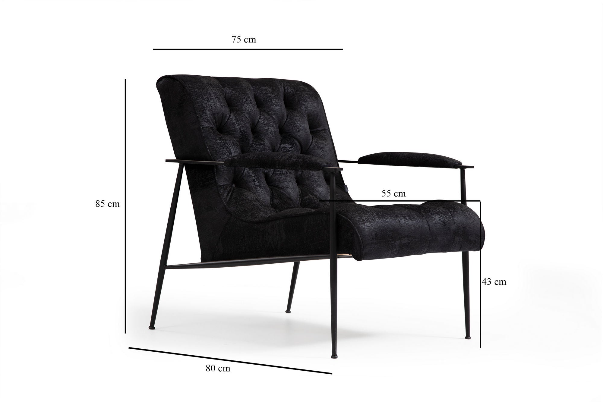 Poltrona de orelhas estilosa, preta, 75 x 80 x 85 cm | Estrutura em madeira de faia e aglomerado, 100% poliéster, espuma macia e almofadas de penas | Design industrial moderno