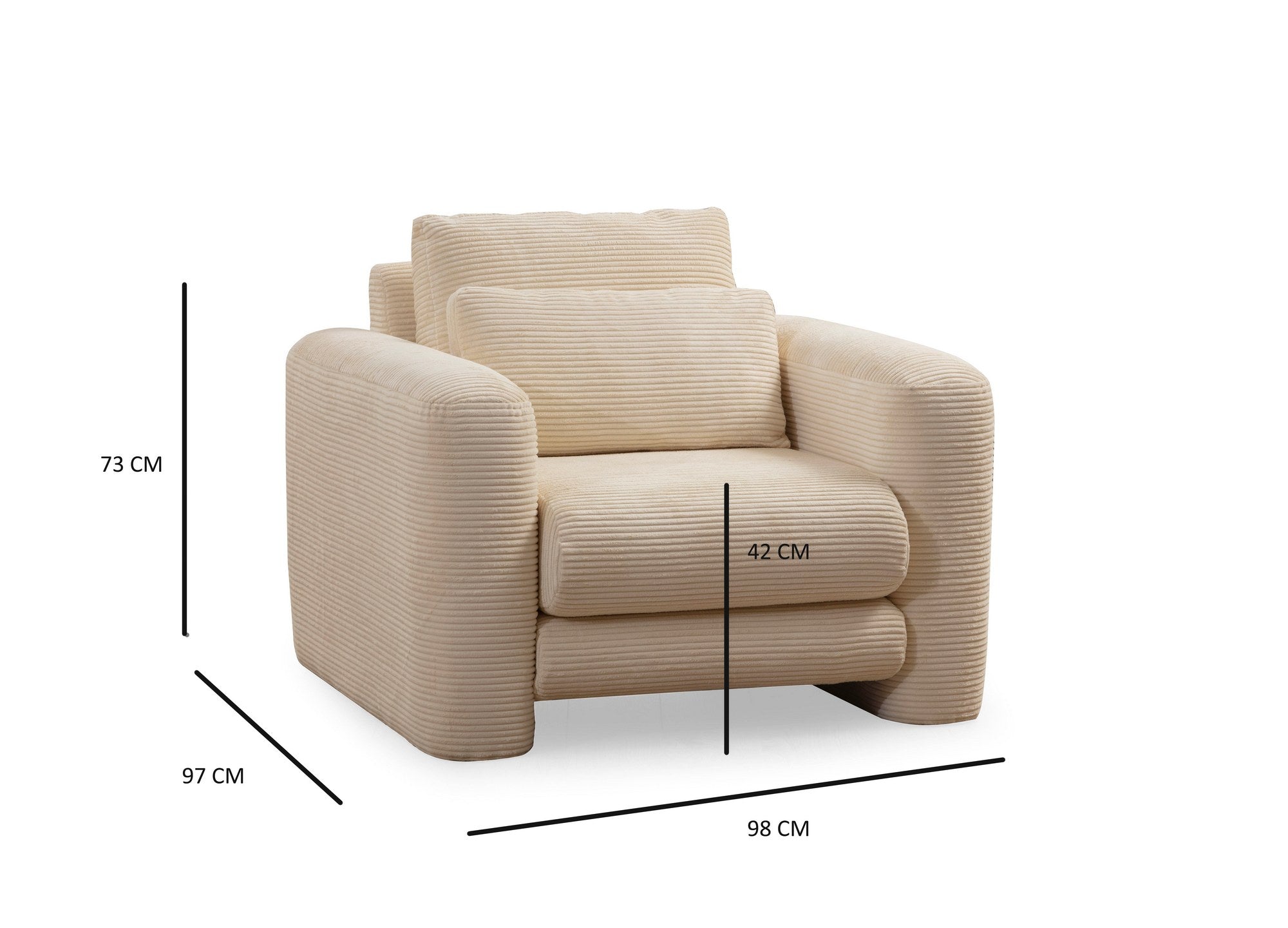 Poltrona Elegante, Bege, 98 x 97 x 73 cm | Estrutura em madeira de faia e aglomerado, 100% poliéster, espuma 28 DNS | Almofadas portáteis, tecido lavável a seco