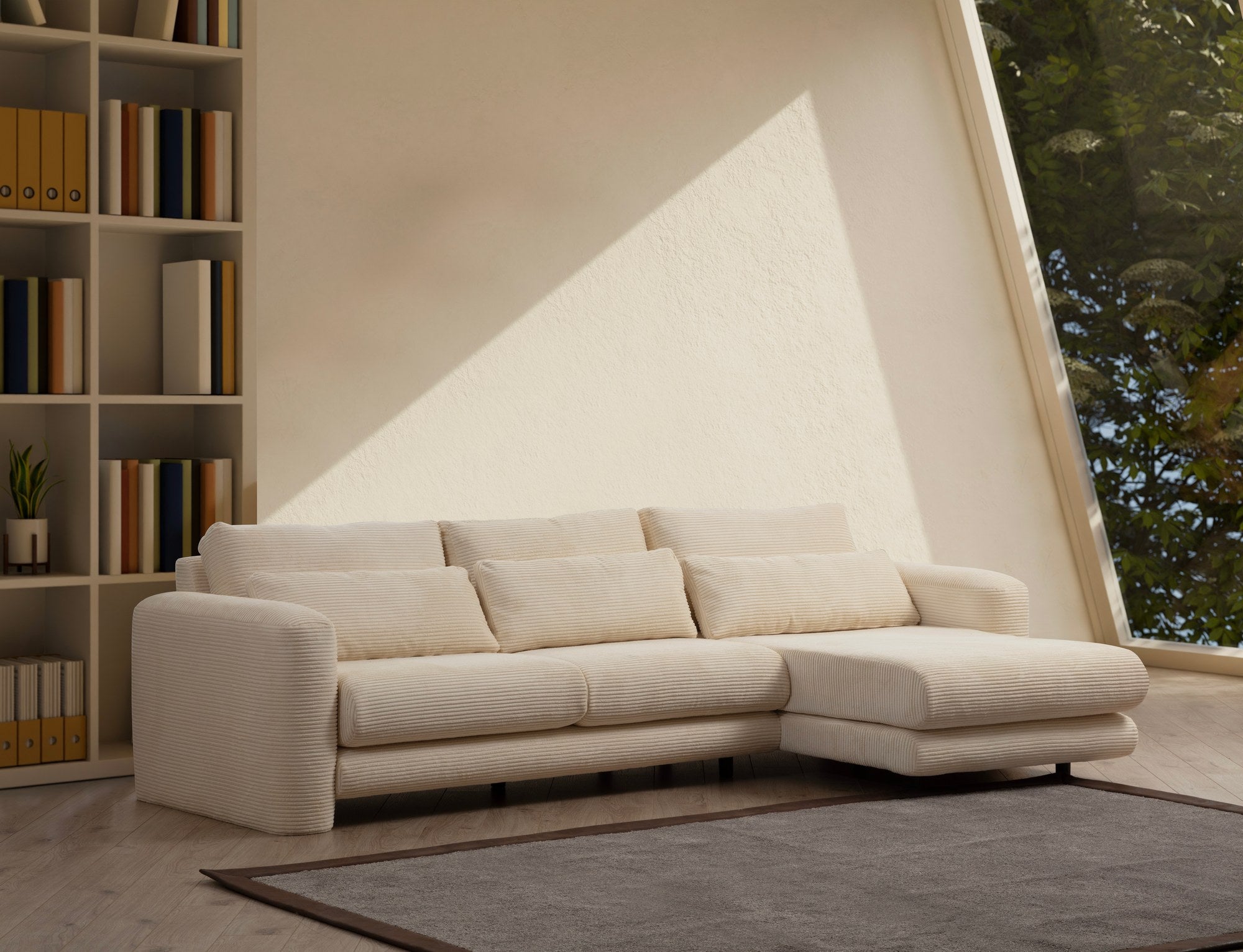 Sofá de canto elegante, bege, 290 x 165 x 73 cm | Estrutura em madeira de faia e aglomerado, 100% poliéster, espuma 28 DNS | Almofadas portáteis, tecido lavável a seco