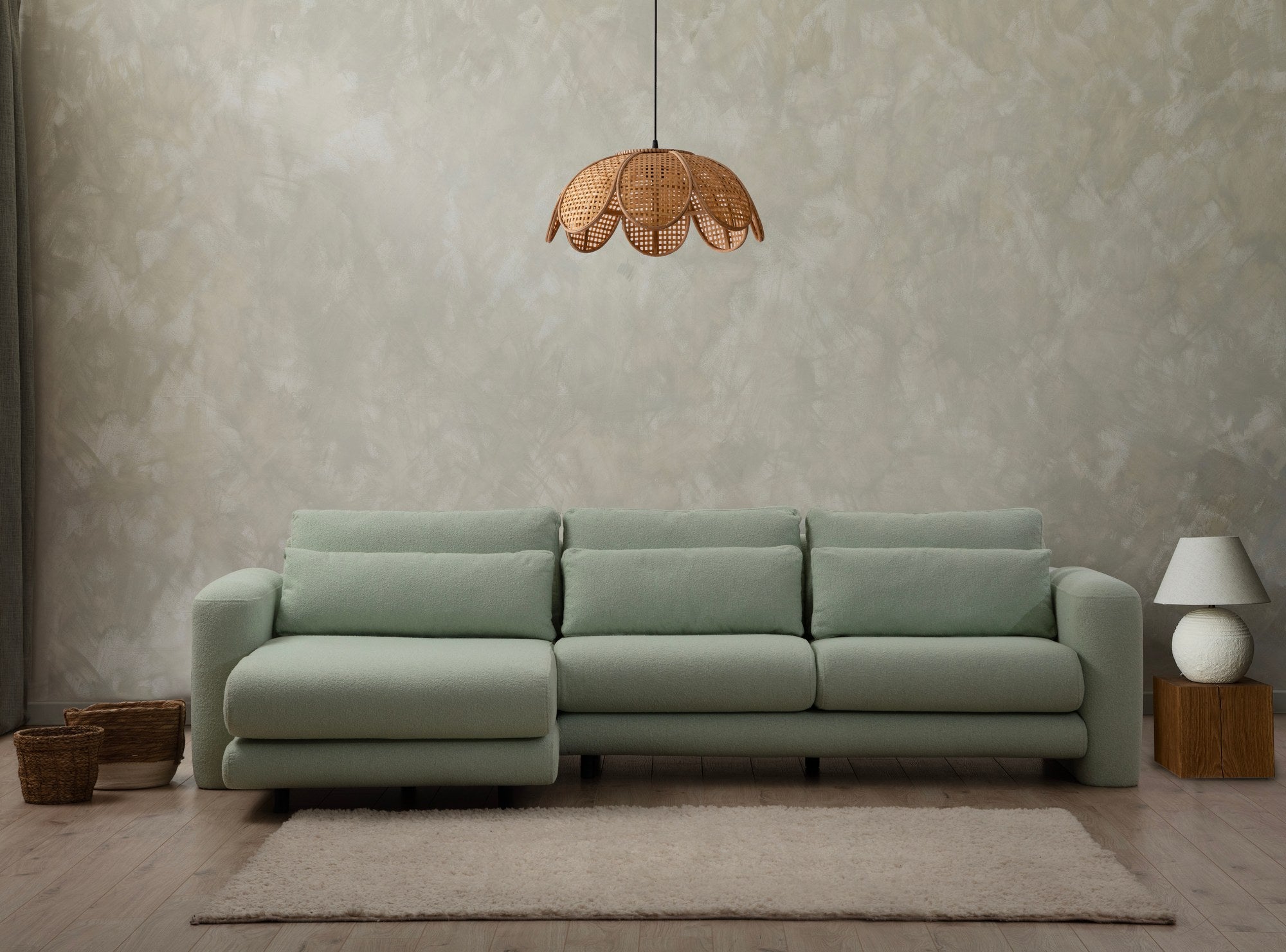 Sofá de canto elegante e verde, estrutura de madeira de faia e aglomerado, 290 x 165 x 73 cm | 100% poliéster, tecido lavável a seco, almofadas portáteis, conforto moderno
