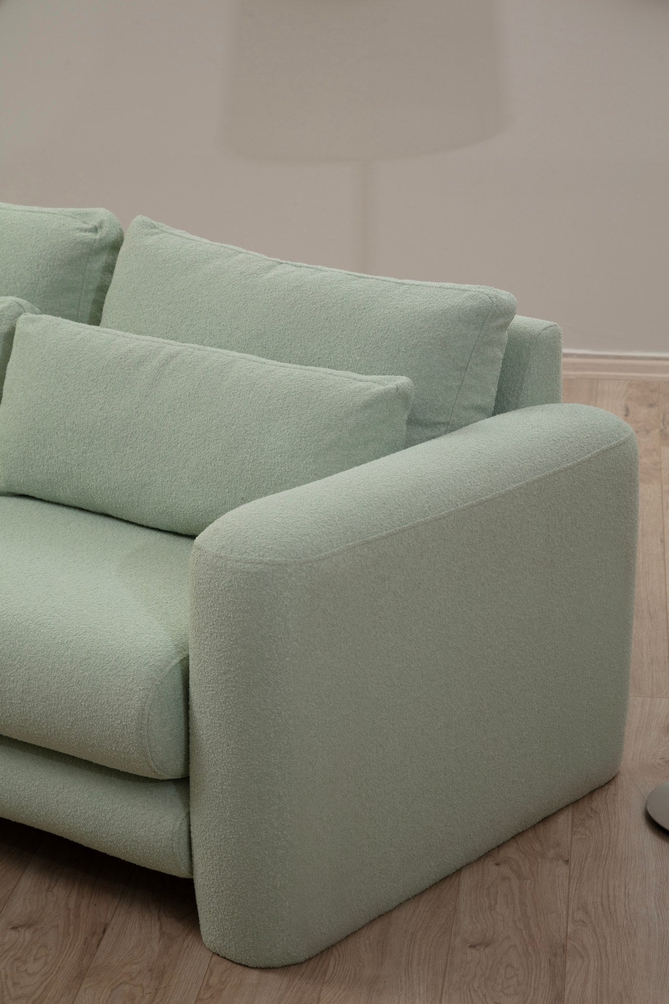 Sofá de canto elegante e verde, estrutura de madeira de faia e aglomerado, 290 x 165 x 73 cm | 100% poliéster, tecido lavável a seco, almofadas portáteis, conforto moderno