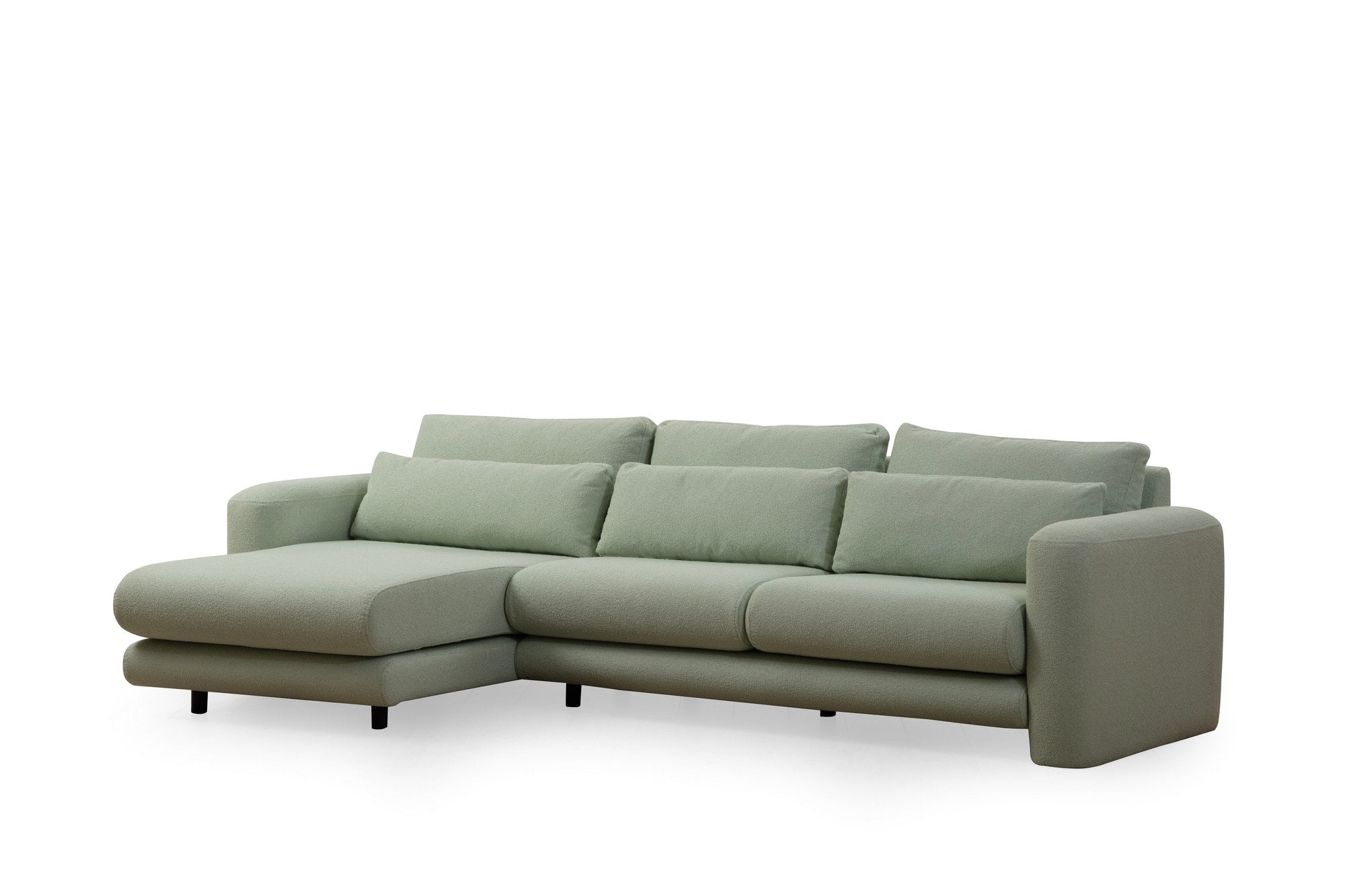 Sofá de canto elegante e verde, estrutura de madeira de faia e aglomerado, 290 x 165 x 73 cm | 100% poliéster, tecido lavável a seco, almofadas portáteis, conforto moderno