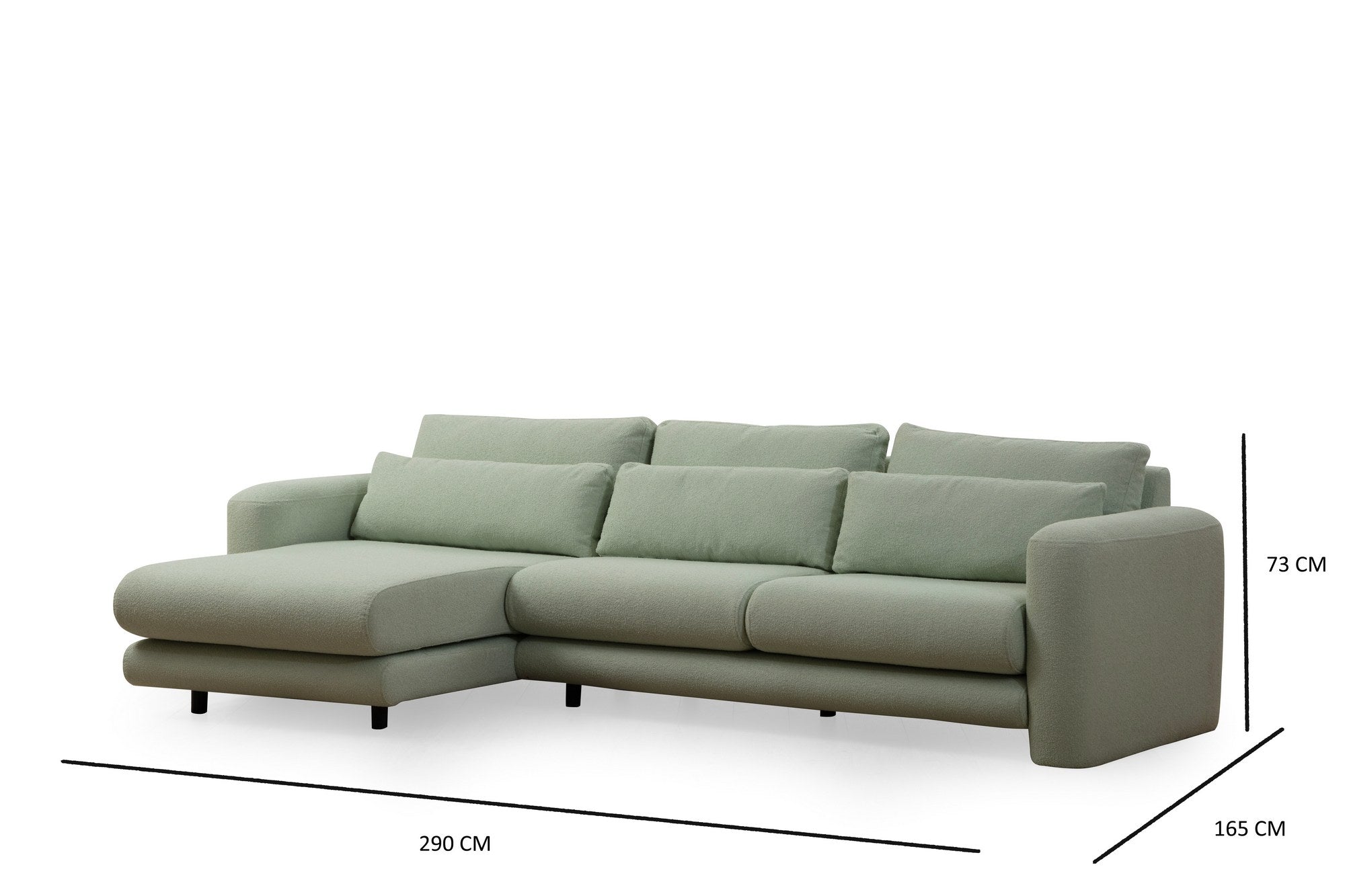 Sofá de canto elegante e verde, estrutura de madeira de faia e aglomerado, 290 x 165 x 73 cm | 100% poliéster, tecido lavável a seco, almofadas portáteis, conforto moderno
