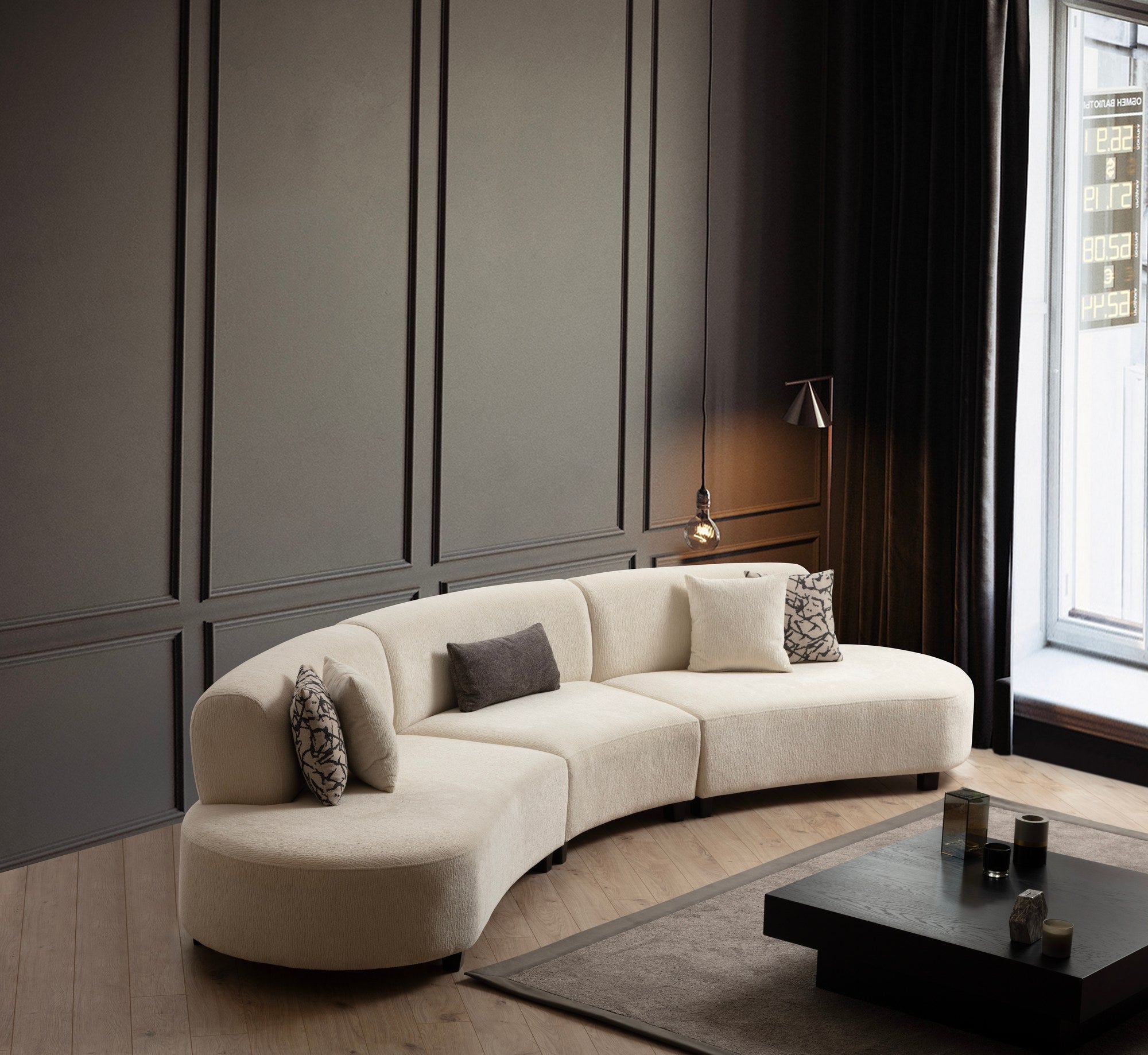 Sofá de canto elegante em formato de U, cor creme, 390 x 100 x 70 cm | Estrutura em madeira de faia, 100% poliéster, espuma 28 DNS | Elegante e confortável para salas de estar modernas