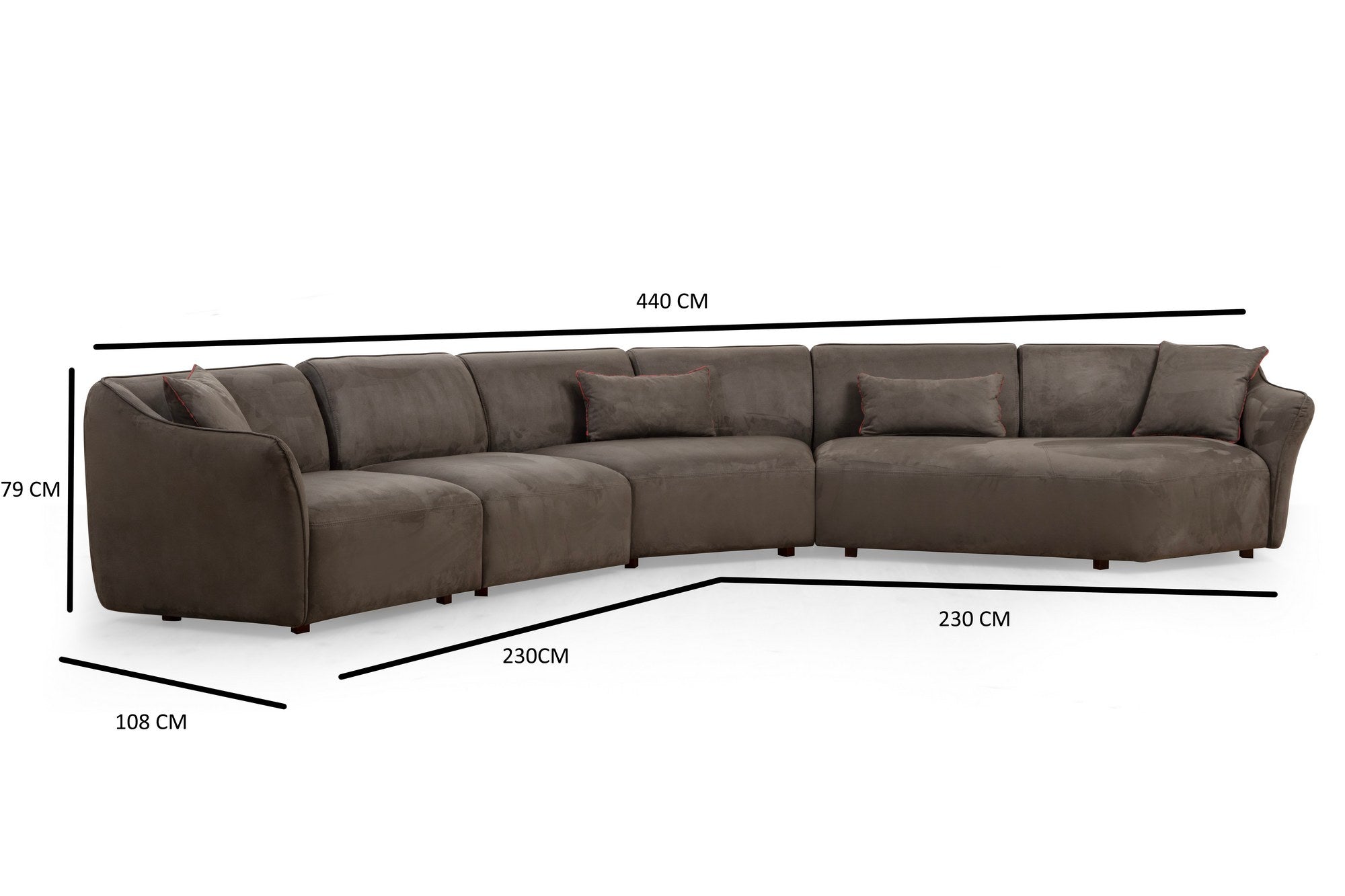Sofá de canto elegante, marrom, 440 x 108 x 79 cm | Estrutura em madeira de faia e aglomerado, 100% poliéster, espuma 28 DNS | Almofadas fixas, pés em nogueira, conforto moderno
