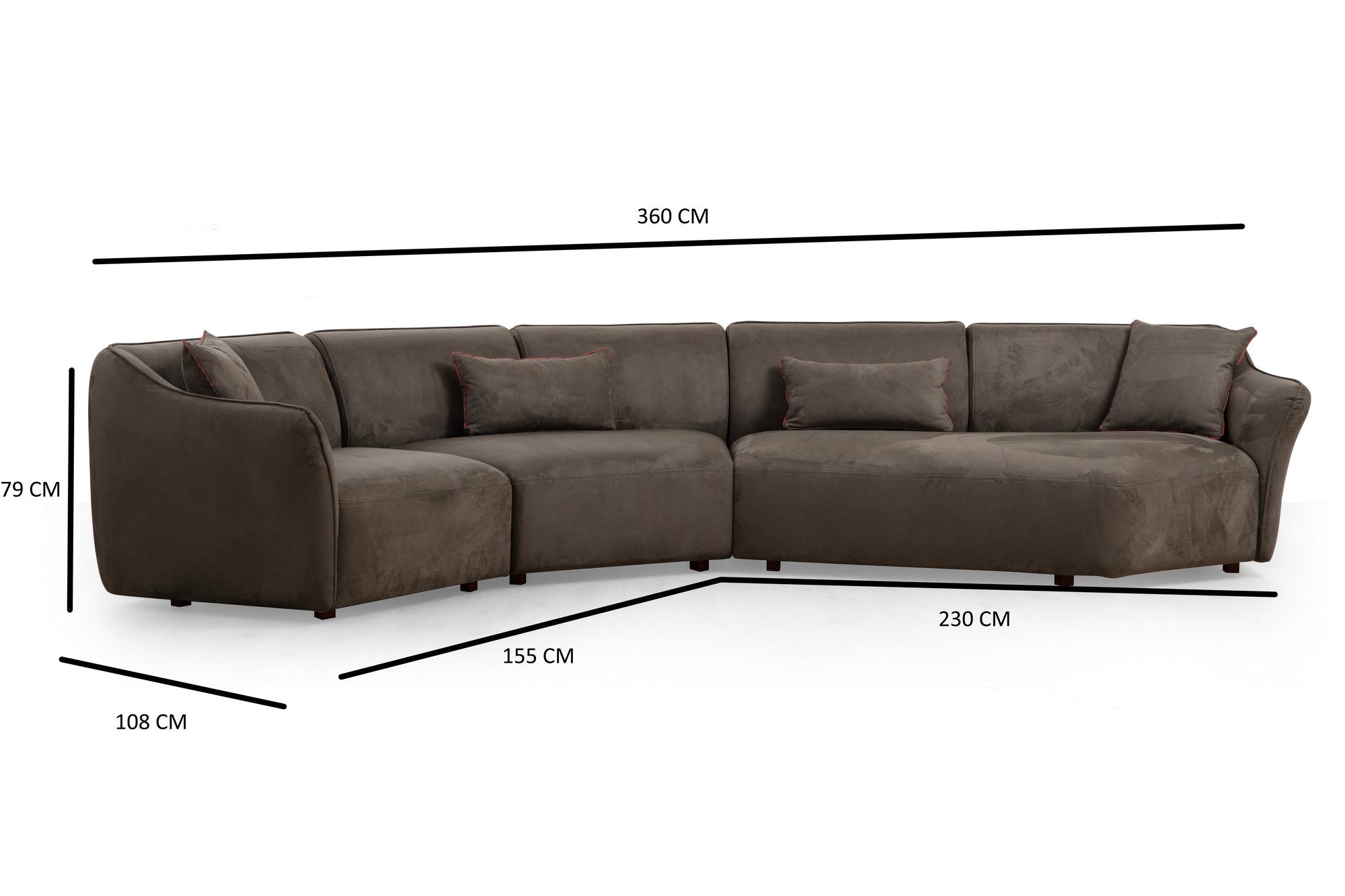 Sofá de canto elegante, marrom, 360 cm | Estrutura em madeira de faia e aglomerado, 100% poliéster, espuma 28 DNS | Almofadas fixas, pernas em nogueira, conforto moderno