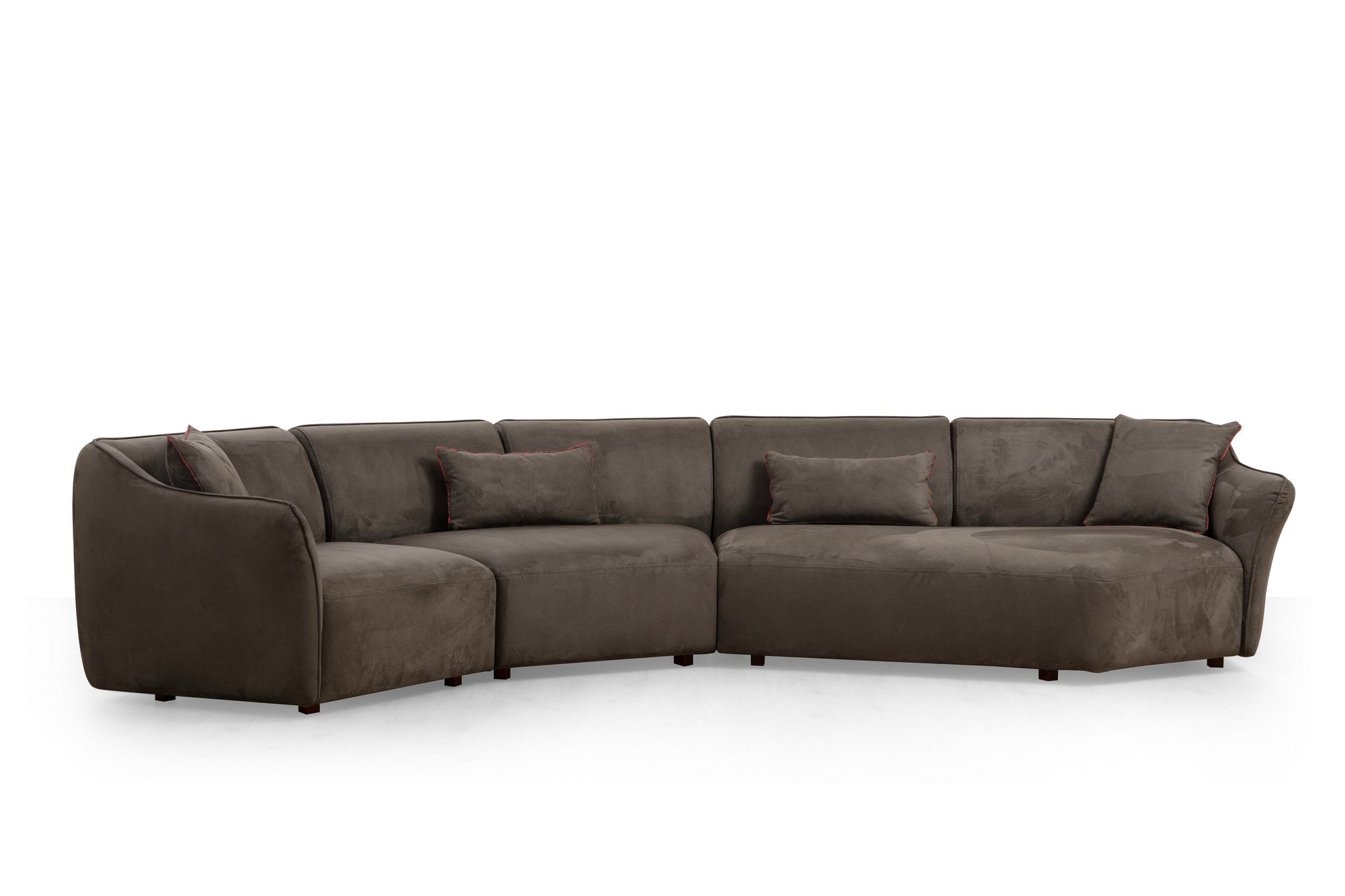Sofá de canto elegante, marrom, 360 cm | Estrutura em madeira de faia e aglomerado, 100% poliéster, espuma 28 DNS | Almofadas fixas, pernas em nogueira, conforto moderno