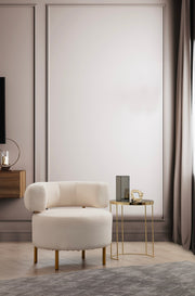 Poltrona Elegante, Branca, 76 x 85 x 80 cm | Estrutura em madeira de faia e aglomerado, 100% poliéster, pernas em metal pintado de dourado | Almofada de espuma macia, tecido lavável a seco