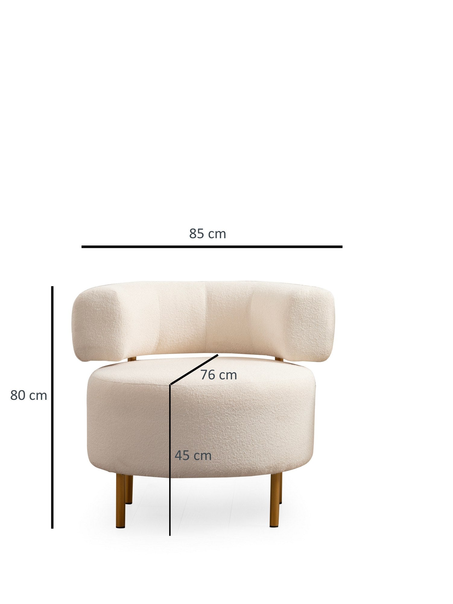 Poltrona Elegante, Branca, 76 x 85 x 80 cm | Estrutura em madeira de faia e aglomerado, 100% poliéster, pernas em metal pintado de dourado | Almofada de espuma macia, tecido lavável a seco