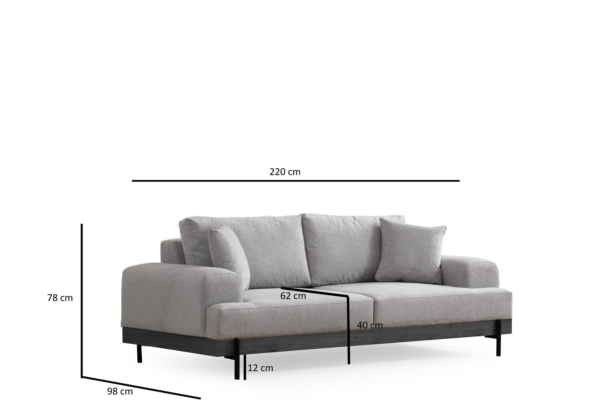 Sofá elegante de 3 lugares, tecido cinza, 220 x 98 x 78 cm | Estrutura em madeira de faia e aglomerado, pernas de metal | Espuma macia e almofadas portáteis, perfeito para salas de estar modernas