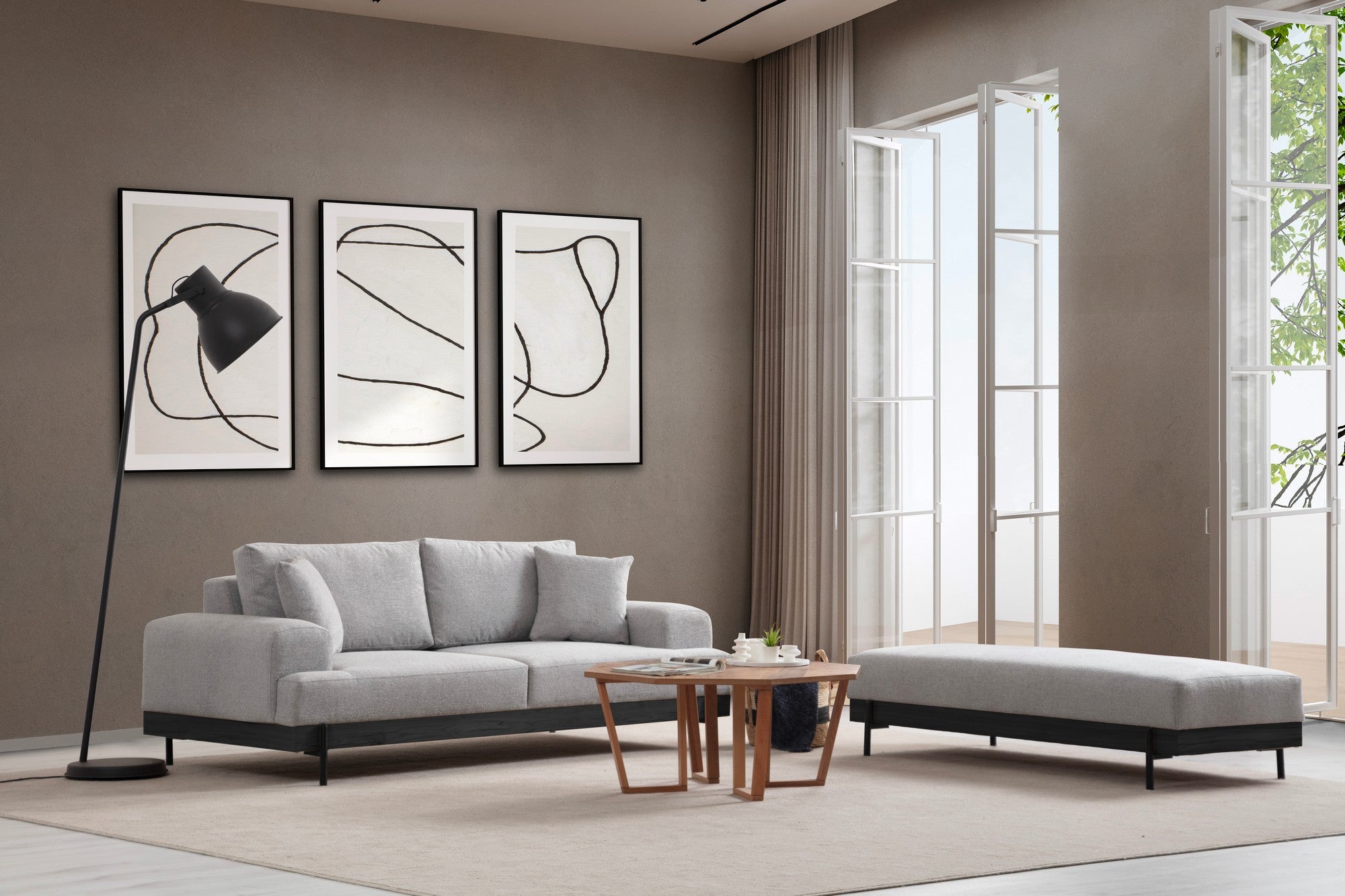 Sofá elegante de 3 lugares, tecido cinza, 220 x 98 x 78 cm | Estrutura em madeira de faia e aglomerado, pernas de metal | Espuma macia e almofadas portáteis, perfeito para salas de estar modernas