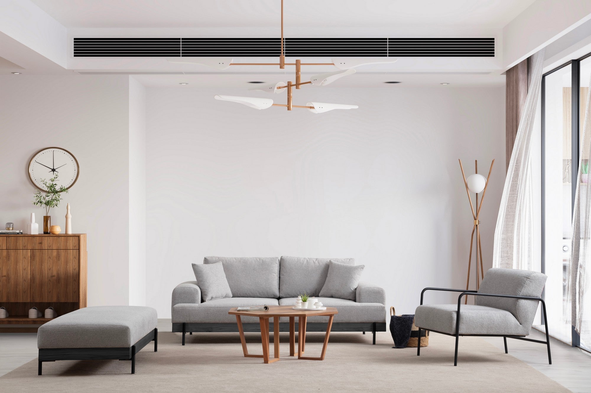 Sofá elegante de 3 lugares, tecido cinza, 220 x 98 x 78 cm | Estrutura em madeira de faia e aglomerado, pernas de metal | Espuma macia e almofadas portáteis, perfeito para salas de estar modernas