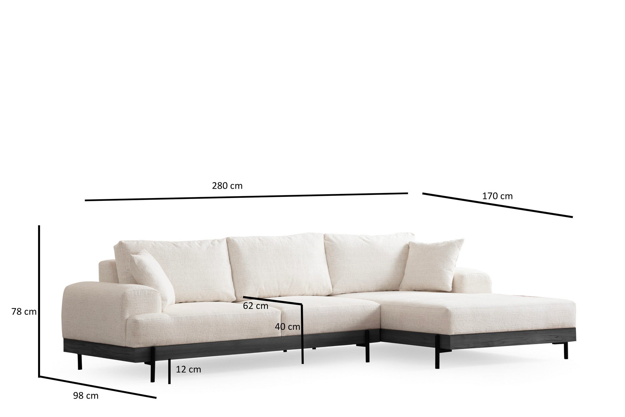 Sofá de canto elegante, branco, 280 x 170 cm | Estrutura em madeira de faia e aglomerado, 100% poliéster, assento em espuma macia | Design moderno com pernas de metal