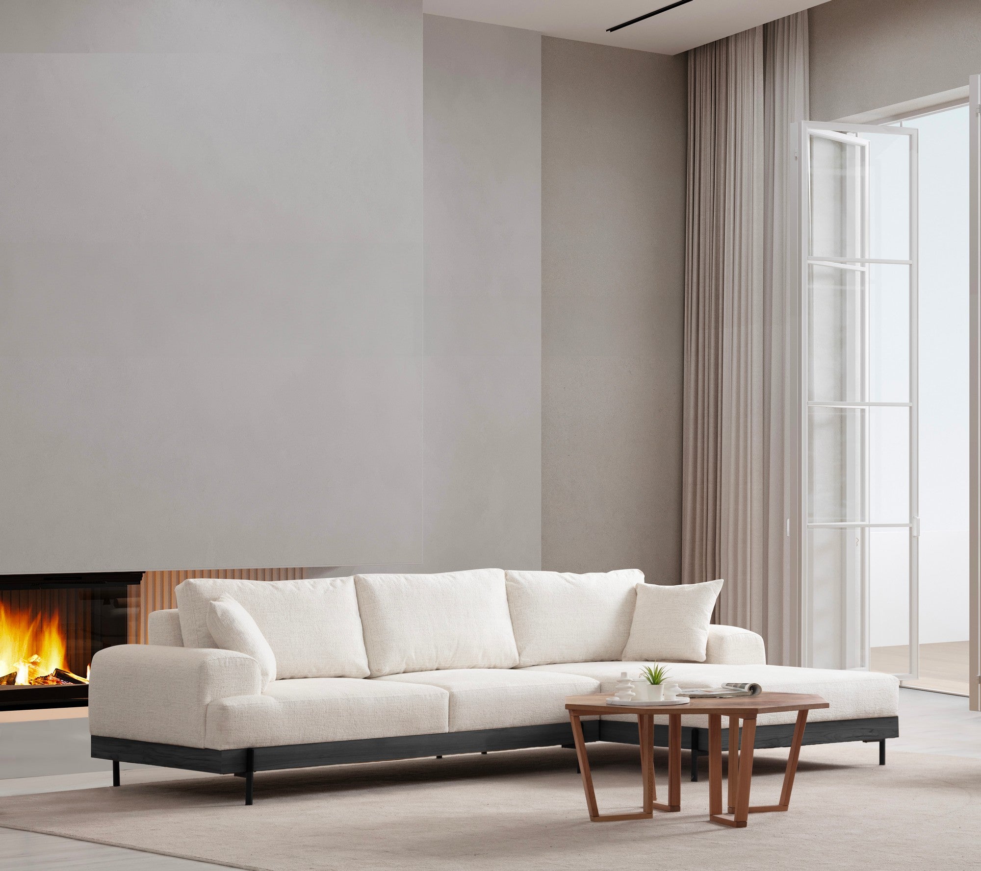 Sofá de canto elegante, branco, 280 x 170 cm | Estrutura em madeira de faia e aglomerado, 100% poliéster, assento em espuma macia | Design moderno com pernas de metal