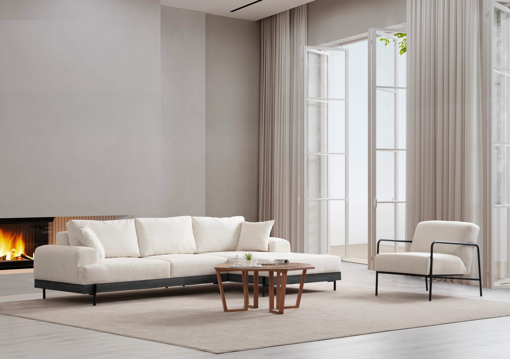 Sofá de canto elegante, branco, 280 x 170 cm | Estrutura em madeira de faia e aglomerado, 100% poliéster, assento em espuma macia | Design moderno com pernas de metal