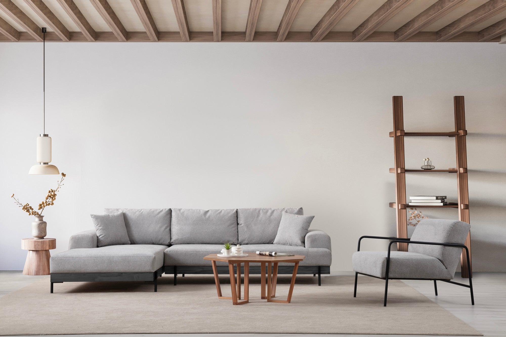 Sofá de canto elegante, cinza, 170 x 280 cm | Estrutura em madeira de faia e aglomerado, 100% poliéster, assento em espuma macia | Pés de metal, tecido lavável a seco, design moderno