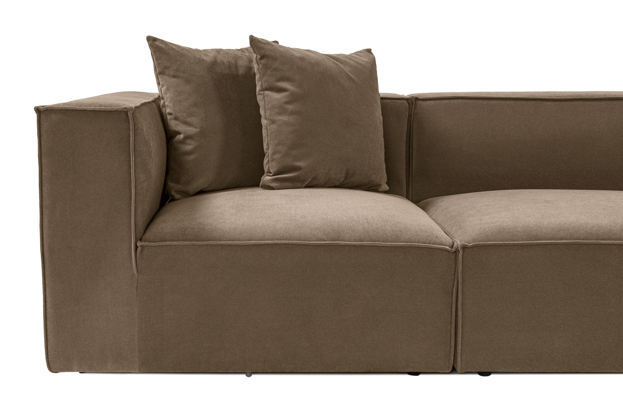 Sofá de canto elegante, marrom, 350 x 190 x 65 cm | Estrutura 100% madeira de carpa, tecido 100% linho, assentos de espuma 32 DNS, inclui pufe | Perfeito para salas de estar modernas