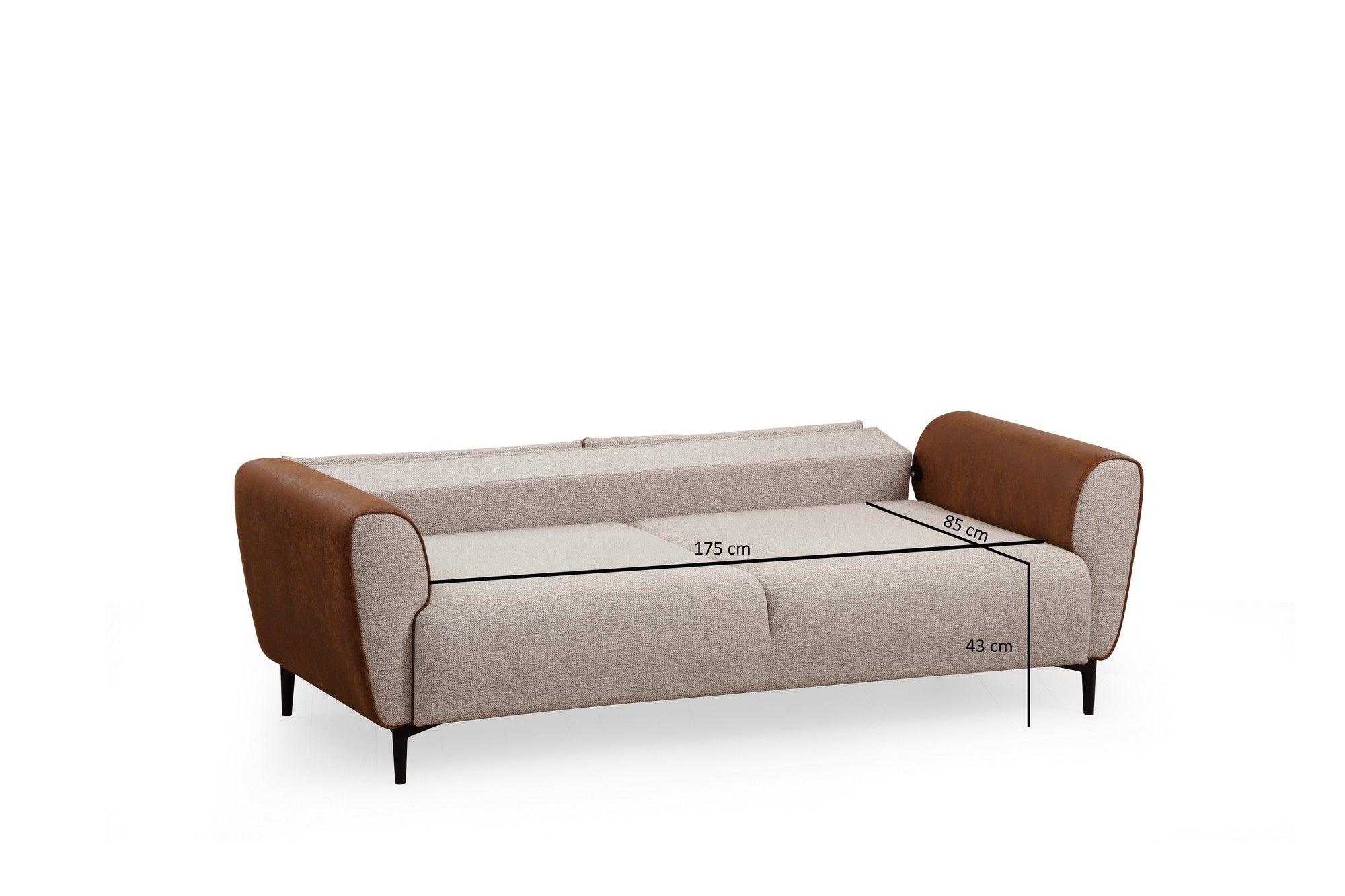 Sofá-cama elegante de 3 lugares, estrutura em madeira de faia e aglomerado, 215 cm | 100% poliéster, mecanismo giratório nas costas, bege e canela | Perfeito para espaços modernos