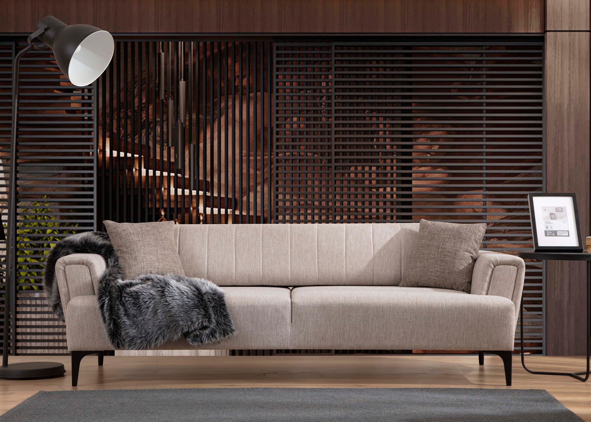 Sofá-cama elegante de 3 lugares, bege, 230 cm | Estrutura em madeira de faia, 100% poliéster, mecanismo giratório | Espuma confortável, tecido fácil de limpar, design moderno