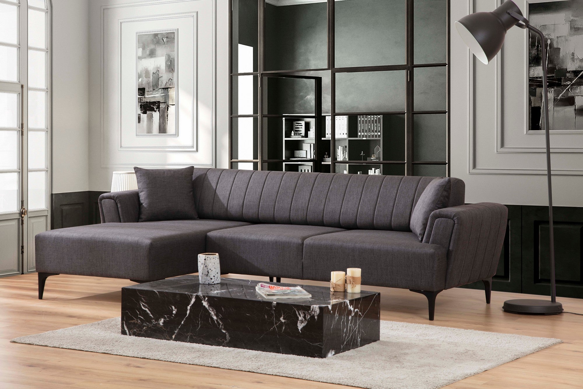 Sofá-cama de canto elegante, cinza escuro, 140x270 cm | Estrutura em madeira de faia e aglomerado, 100% poliéster | Mecanismo giratório, fácil manutenção, design moderno