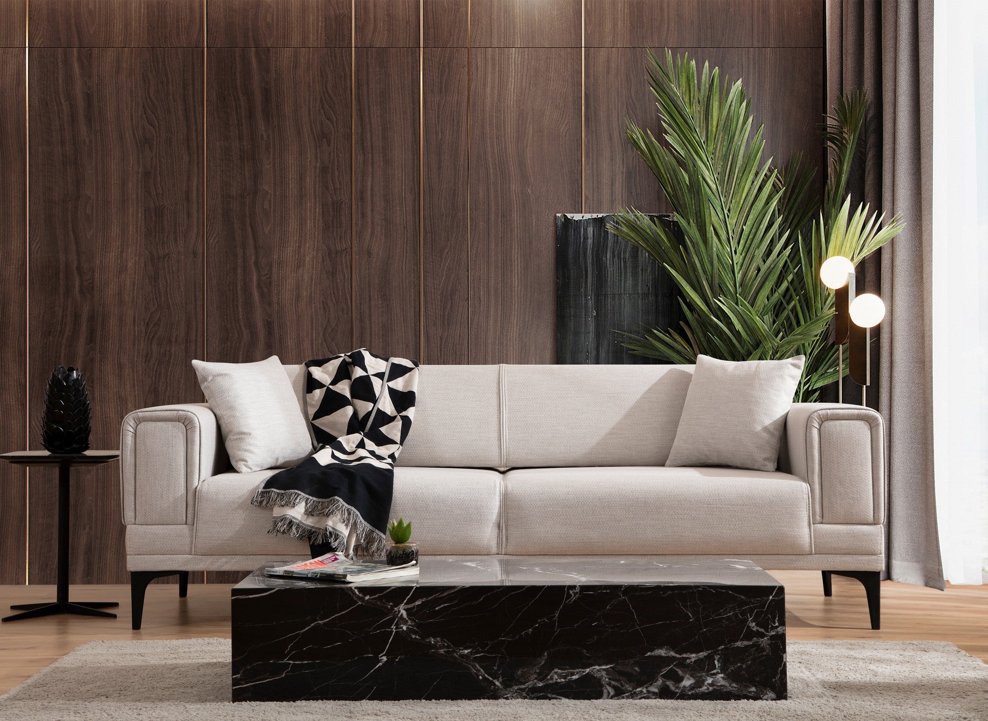 Sofá-cama elegante de 3 lugares, cru, 215 x 85 x 77 cm | Estrutura em madeira de faia, 100% poliéster, mecanismo giratório | Confortável e versátil para espaços modernos