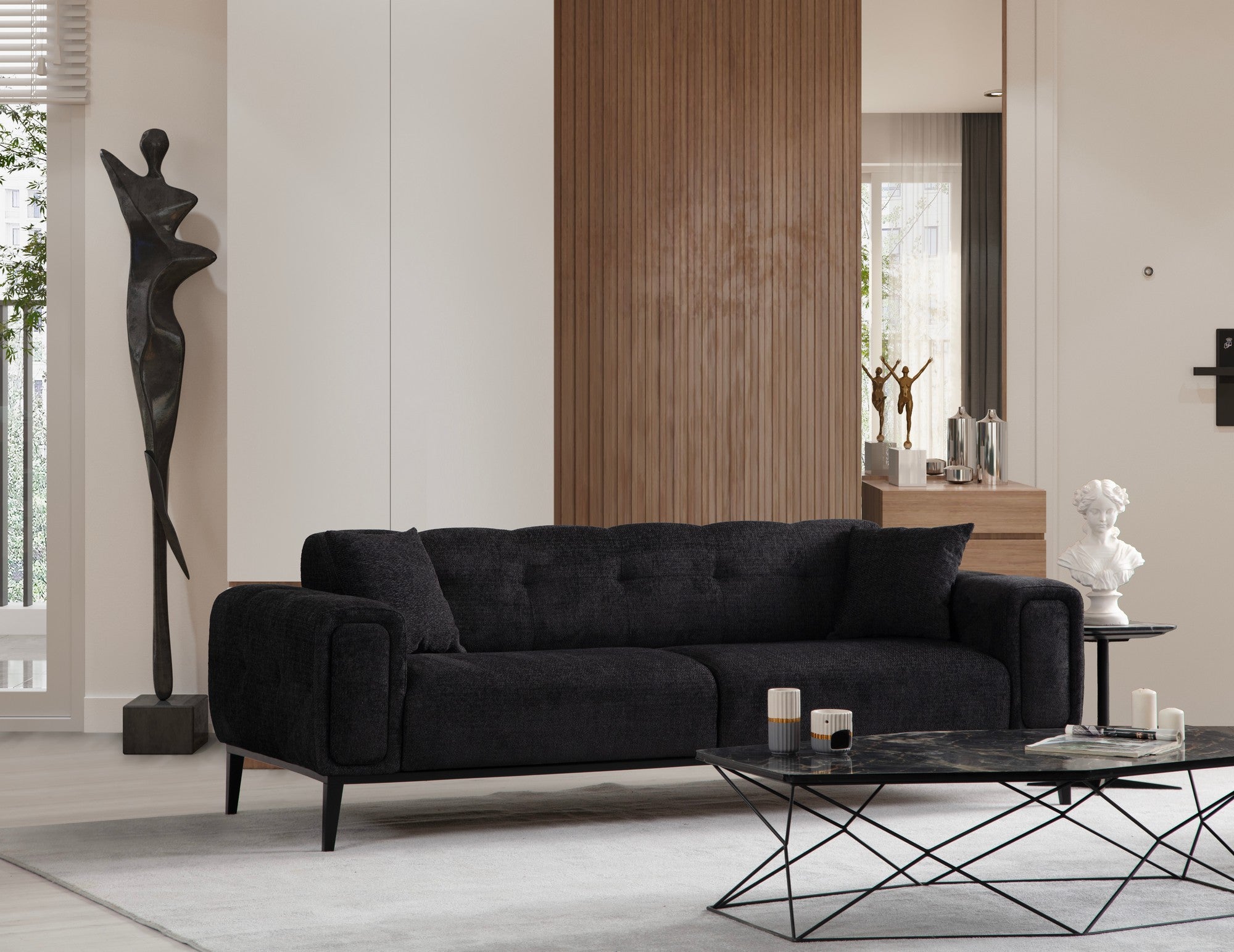 Sofá-cama elegante de 3 lugares, preto, 225 x 92 x 76 cm | Estrutura em madeira de faia, 100% poliéster, mecanismo giratório para as costas | Perfeito para espaços modernos