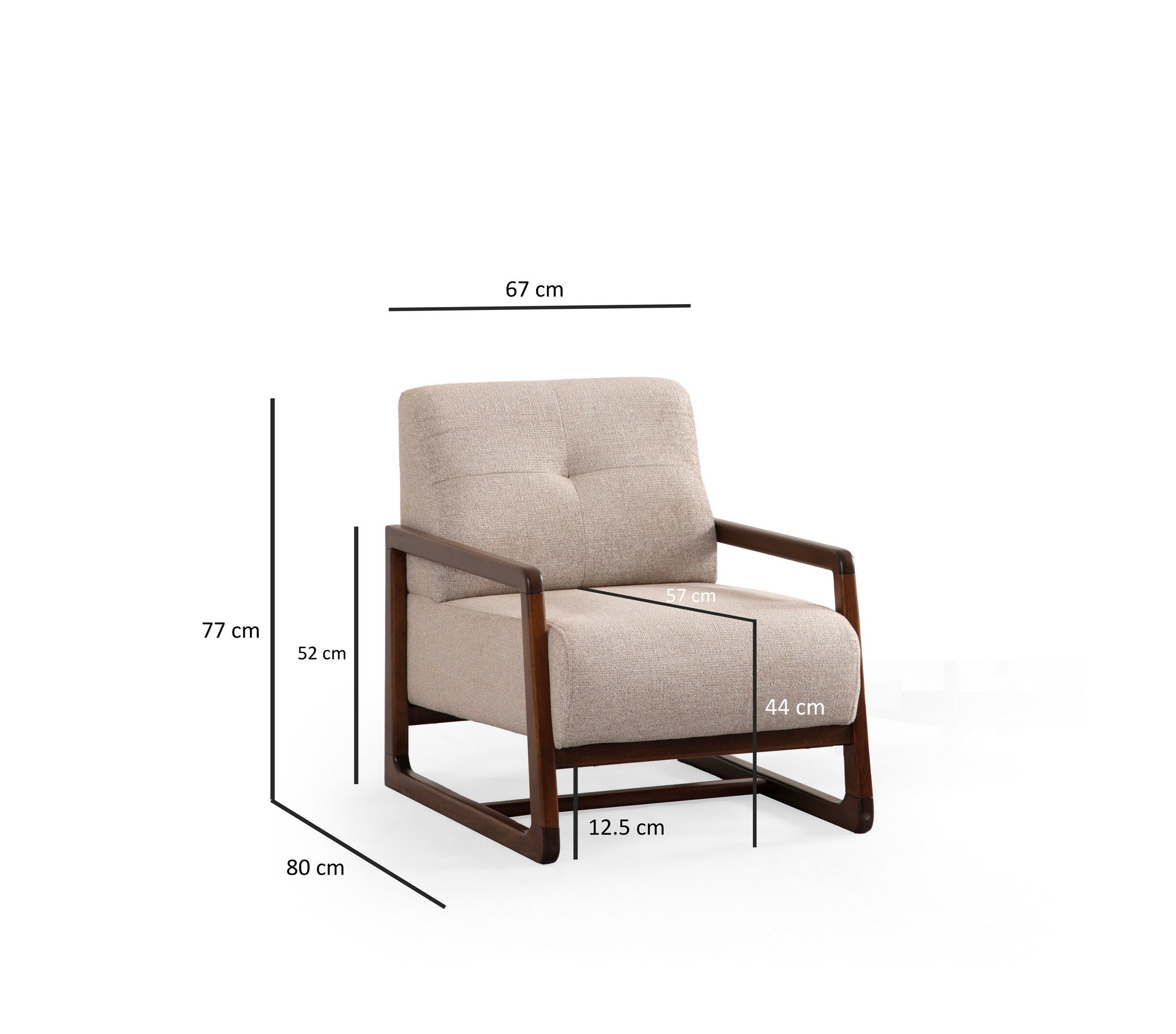 Poltrona Elegante, Bege, Estrutura em Madeira de Faia e Aglomerado, 80x67x77 cm | 100% Poliéster, Lavável a Seco, Almofada de Espuma Macia, Pernas de Nogueira | Perfeita para Sala de Estar e Escritório