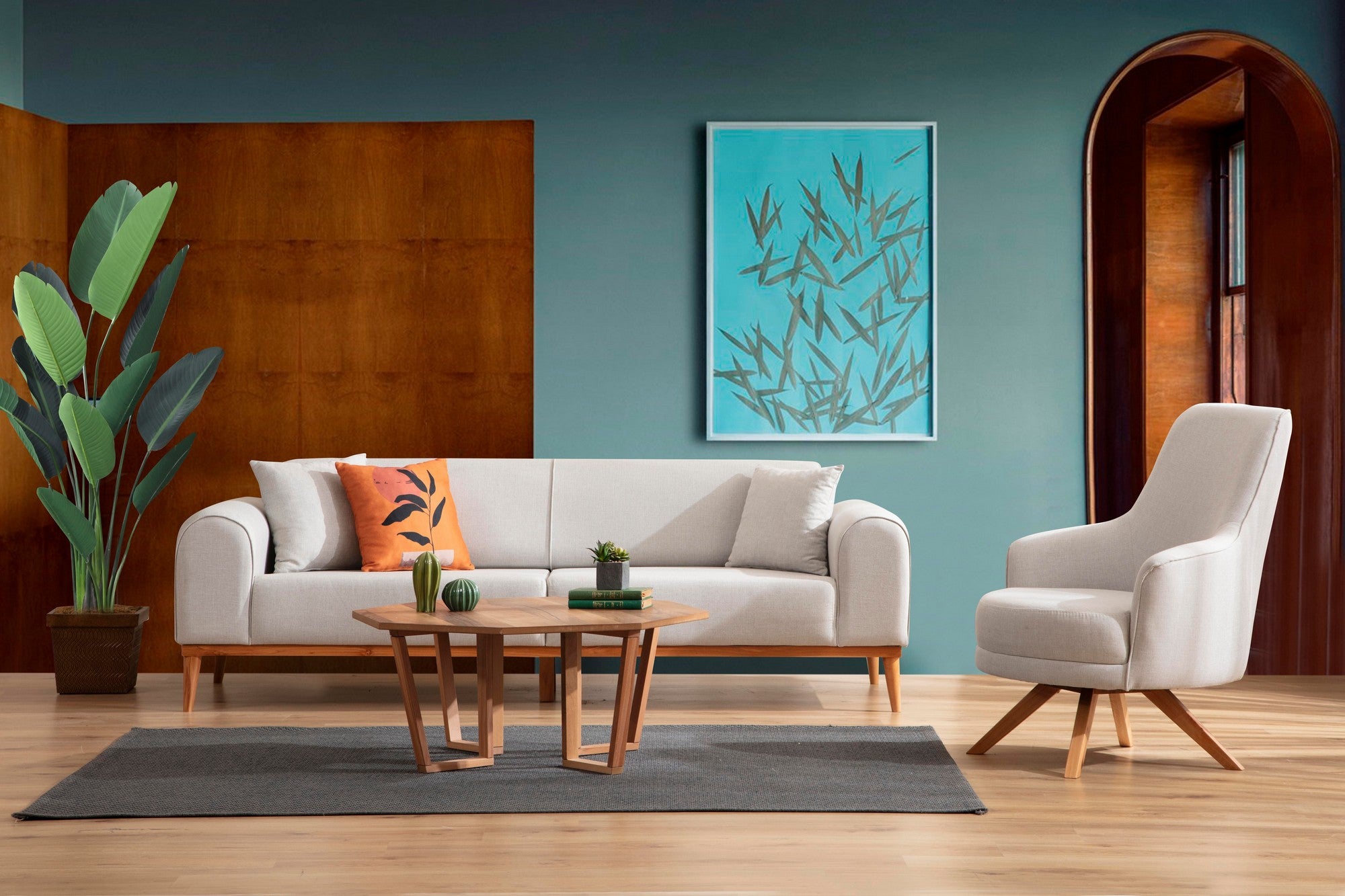 Sofá-cama elegante de 3 lugares, creme, 220 x 84 x 77 cm | Estrutura em madeira de faia, 100% poliéster, mecanismo giratório, pernas de madeira preta | Perfeito para espaços modernos