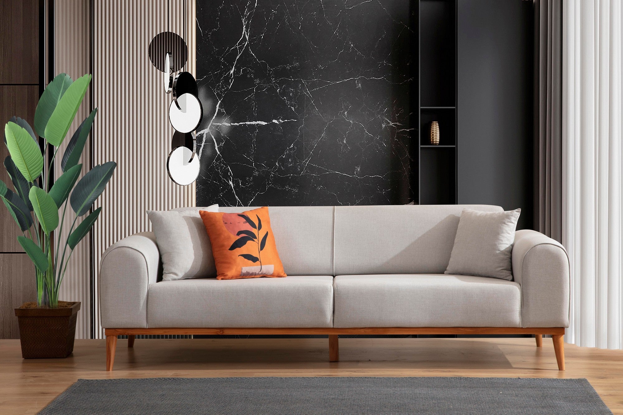 Sofá-cama elegante de 3 lugares, creme, 220 x 84 x 77 cm | Estrutura em madeira de faia, 100% poliéster, mecanismo giratório, pernas de madeira preta | Perfeito para espaços modernos