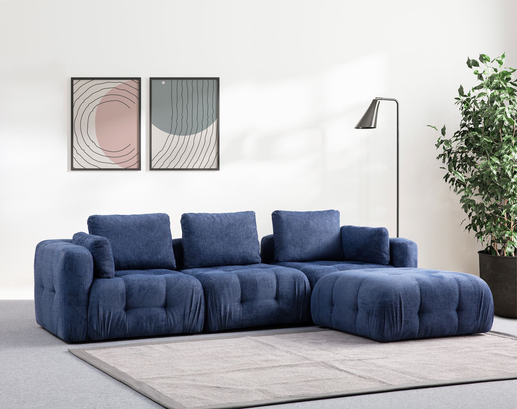 Sofá de Canto – 290 x 200 cm – Azul-marinho – Estrutura em madeira de faia e aglomerado