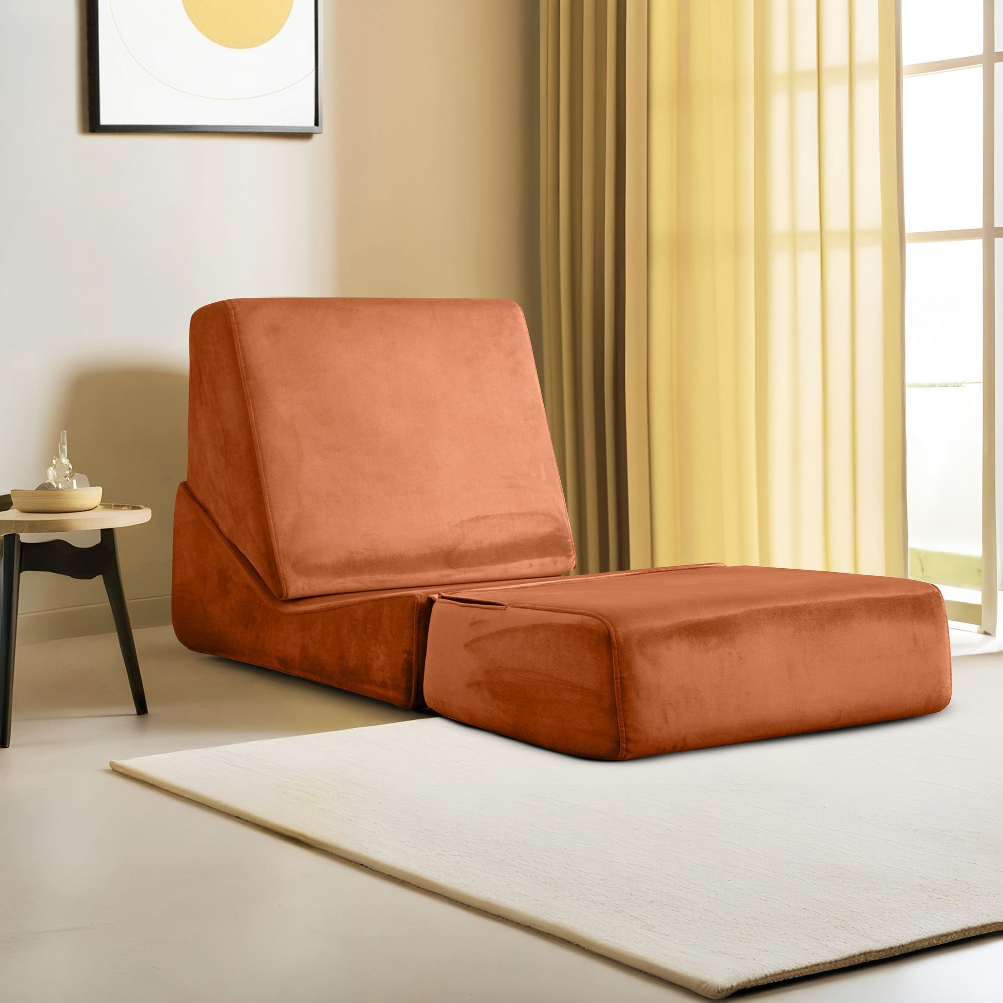 Poltrona-cama de 1 lugar – 70 cm x 100 cm x 70 cm – Laranja – 100% Poliéster